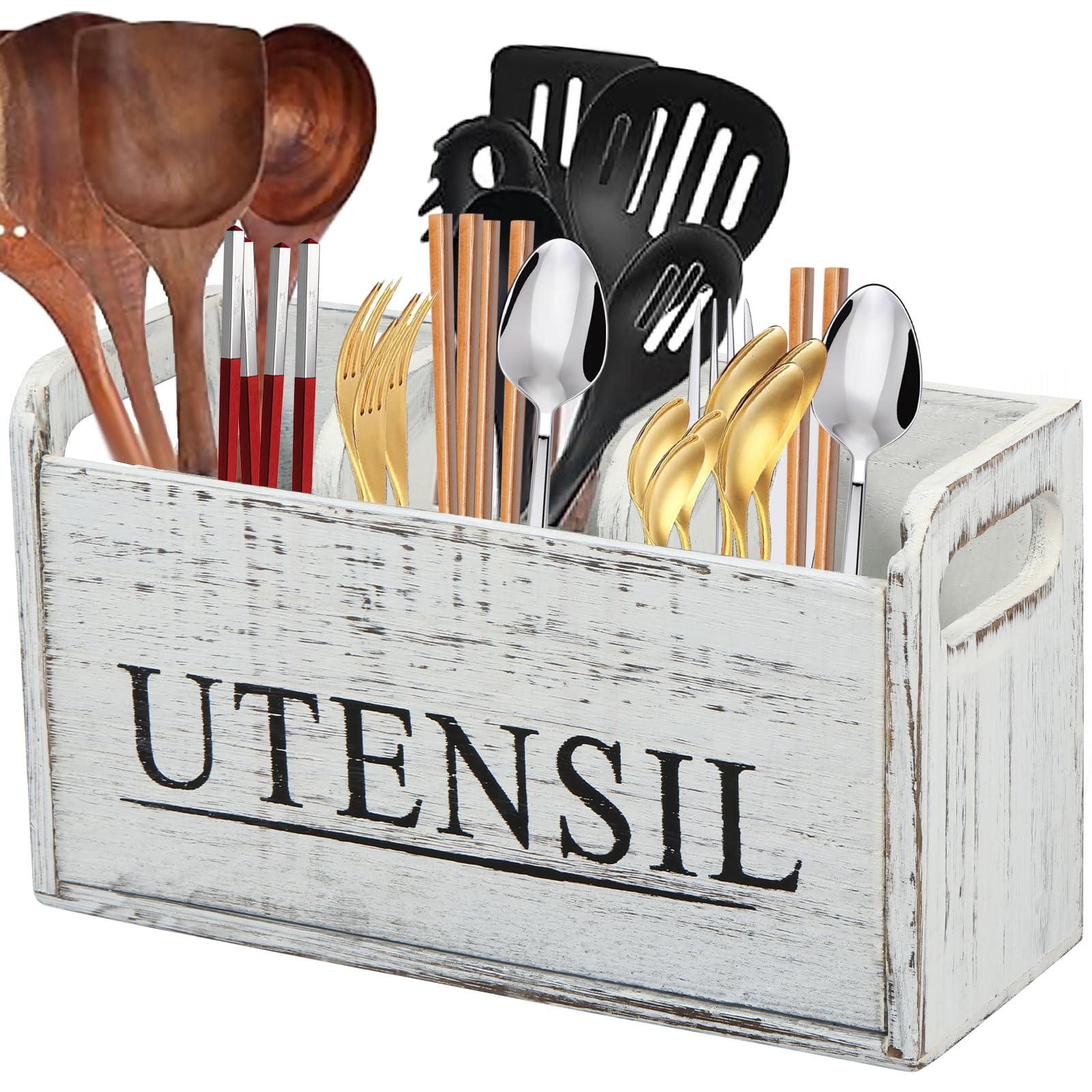 Guijzsltrg Distressed White Kitchen Utensils Holder Rustic Wooden Utensil Organizer Cooking Tools Storage With 3 Compartments Large Capacity Silverware Caddy Multipurpose Wood Utensil Caddy For Countertop Farmhouse Decor