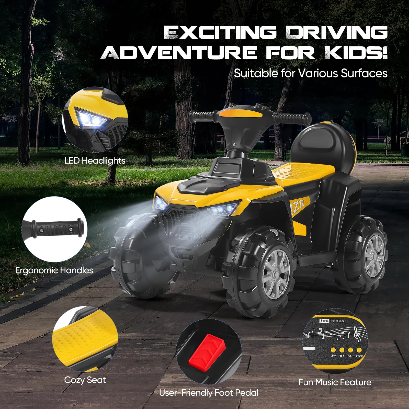 Moto électrique pour enfants avec lecteur de musique MP3, capacité de charge maximale 50 kg, USB, pour enfants à partir de 3 ans (jaune-Plage)