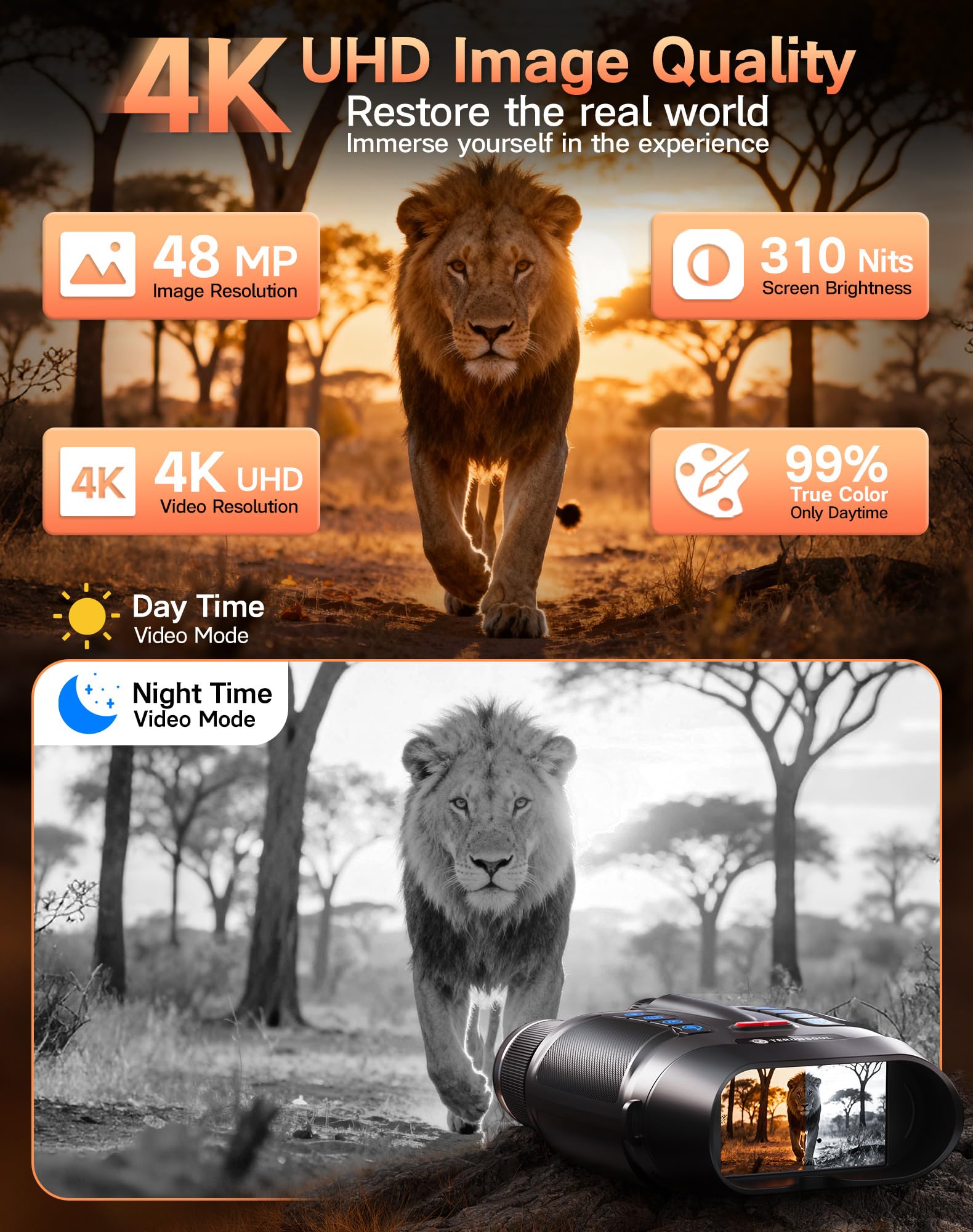 Night Vision Goggles - Smart APP 4K Night Vision Binoculars, 10000mAh Battery, 128GB Card for Photo and Video, 3'' UHD Screen & 8X Zoom Binoculars for Camping, Hunting, Security (Black)