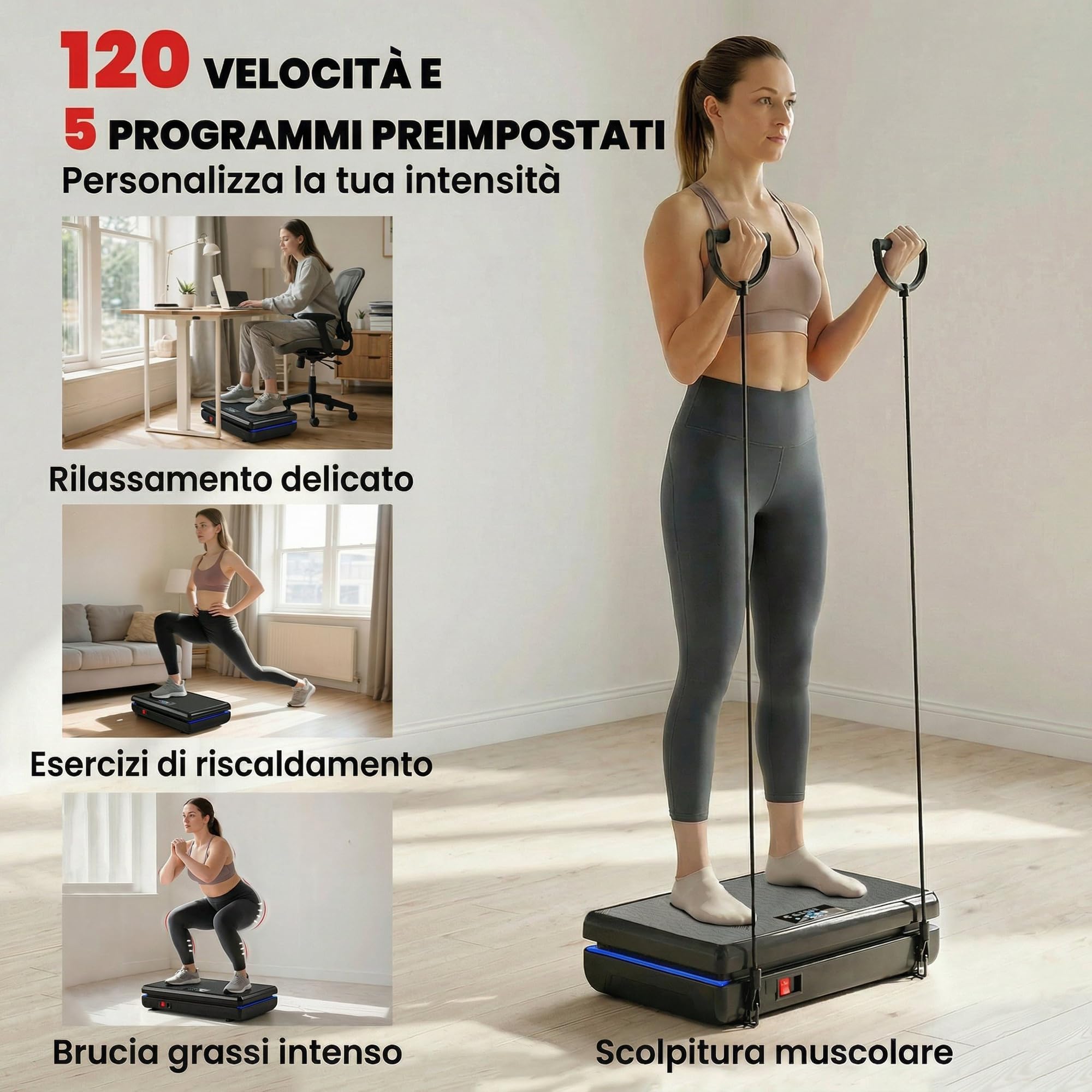 SPORTNOW Pedana Vibrante con 120 Livelli di Velocità, 5 Programmi e Luce LED, Piastra Vibrante Silenziosa per Esercizi Domestici con Fasce di Resistenza per Bruciare Grassi e Drenaggio Linfatico