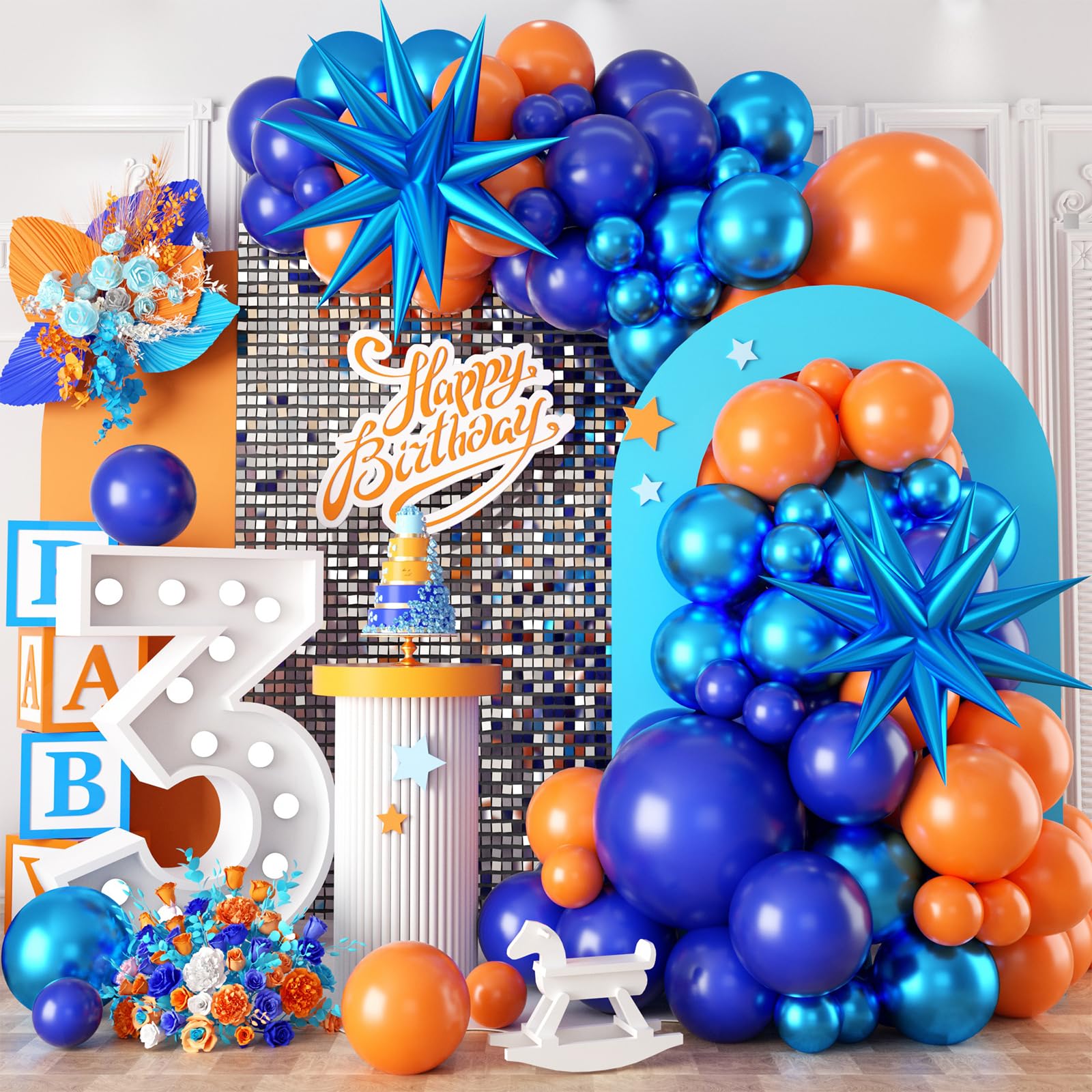 Orange Blue Balloon Garland Arch kit,Orange and Royal Blue Balloons With Star Foil Balloons for Birthday Decoration Wedding Baby Shower Engagement DIY De