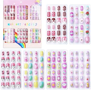 144pcs Kids Press on Nails Self-Adhesive,Short Oval Artificial Press on Nails for Kids,6 Styles Full Cover Cute Fake Nails for Girls Nails Short with Nail Adhesive Tabs (Animal Party)