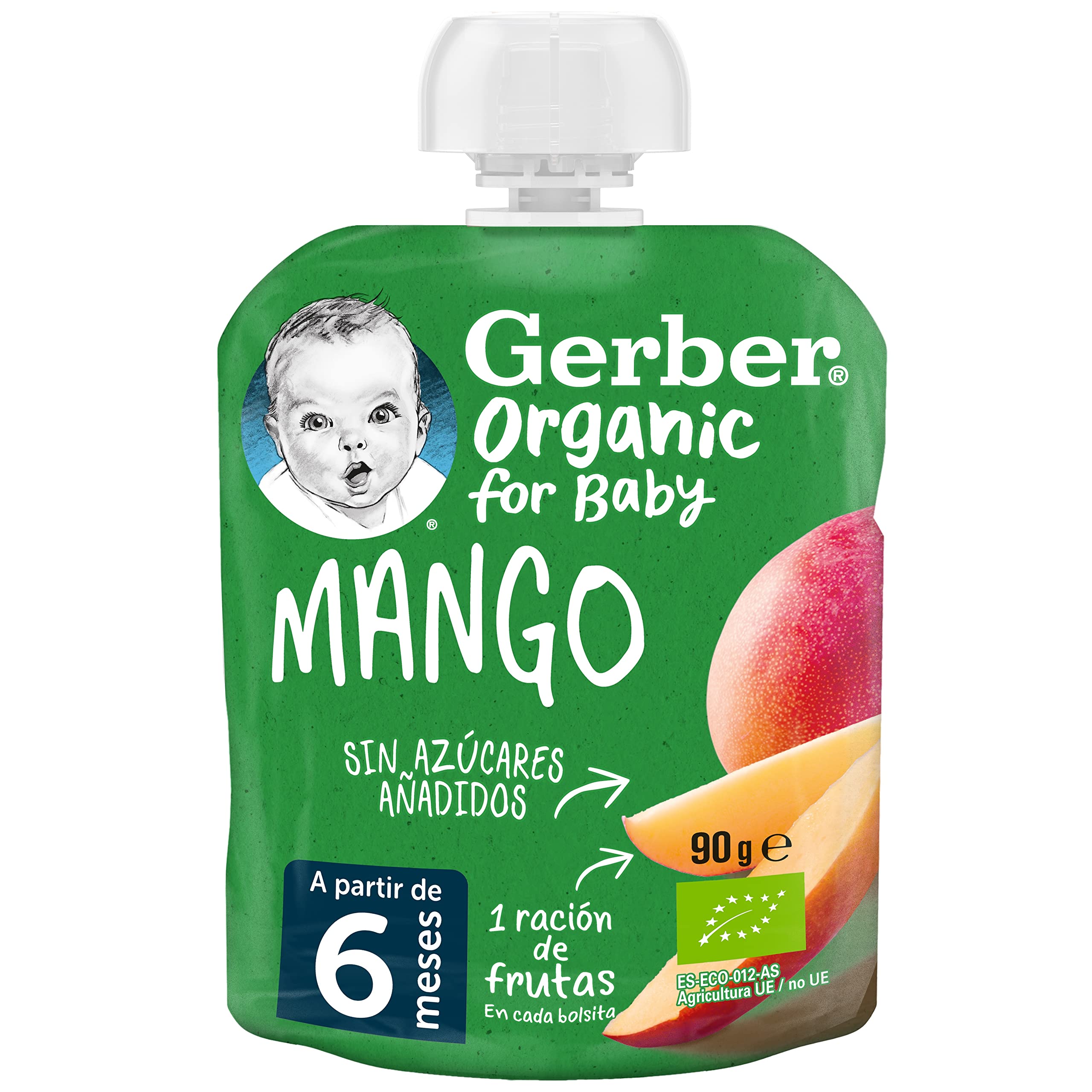 GERBER Organic Mango, Bolsita Puré de Fruta para Bebés, 7x90g, a partir de 6 meses
