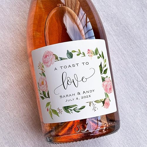 Miniatura 2 de 6 Custom Pink Floral Waterproof Champagne Bottle Labels, Personalized Wine Label Sticker for Wedding, Bridal Shower, Birthday, Graduation Party and