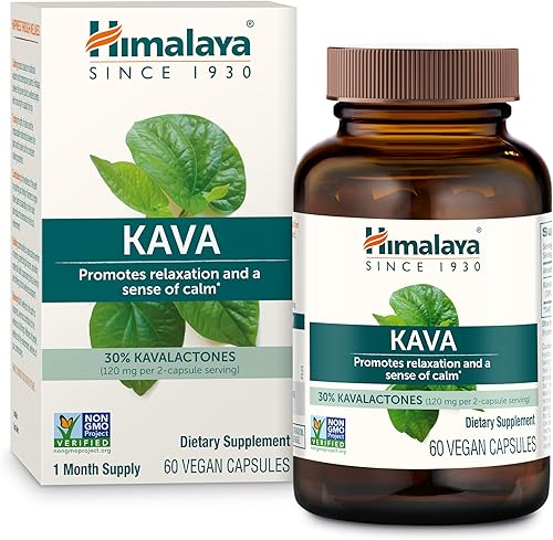 Himalaya Kava, Suplemento de hierbas para relajación y calma, 30% kavalactonas, vegano, sin gluten, 400 mg de extracto de raíz de kava, 60 cápsulas