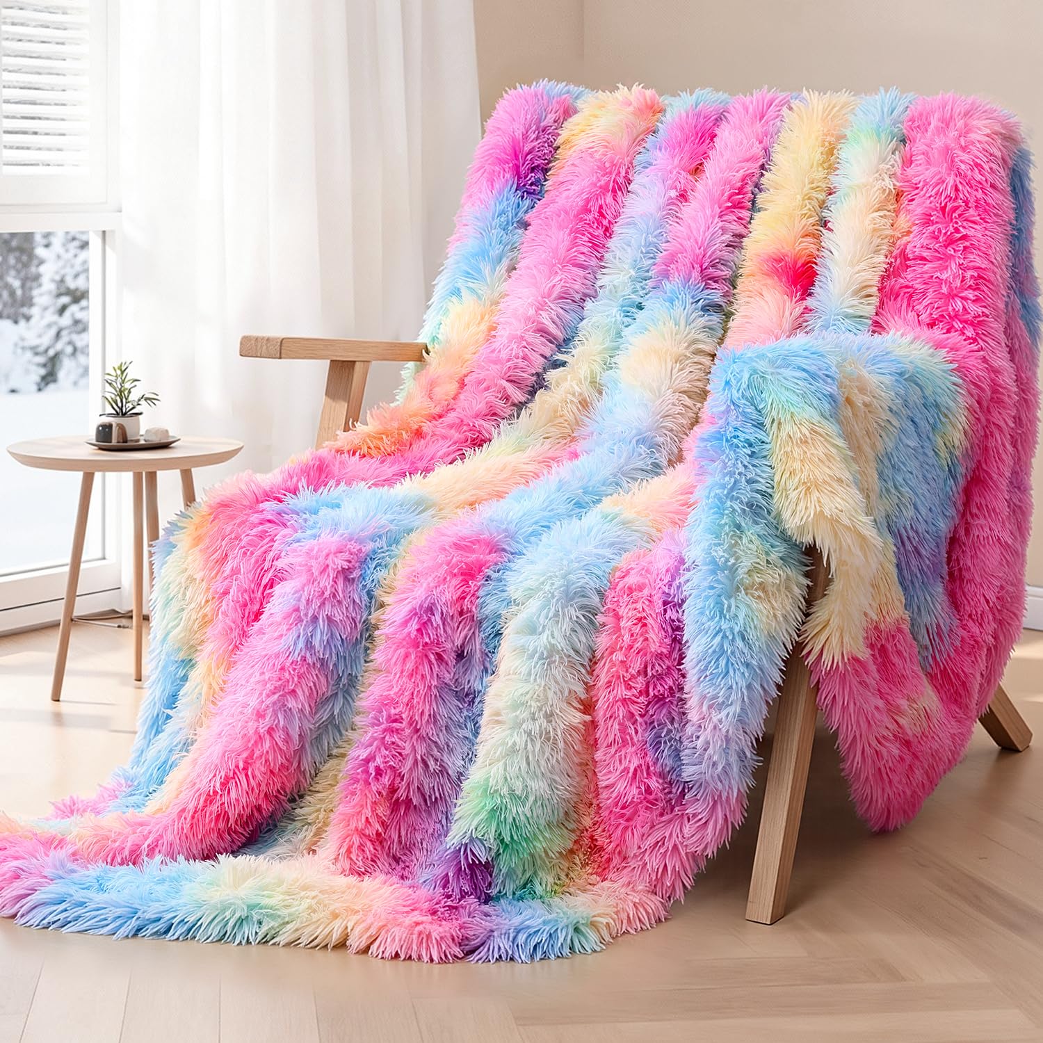 KANKAEU Gran Manta de Pelo Largo para Cama, Manta Arcoíris Extra Grande 220x240 cm, Mantas de Invierno Reversible para Toda la Familia, Suave y Abrigada