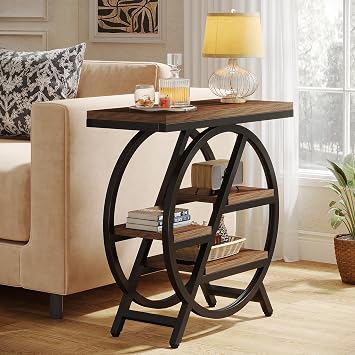 Tribesigns End Table for Living Room, 3-Tier Narrow Side Table with Storage, Wood Sofa Side Table with Geometric Metal Frame, Industrial Nightstand and Bedside Table for Bedroom