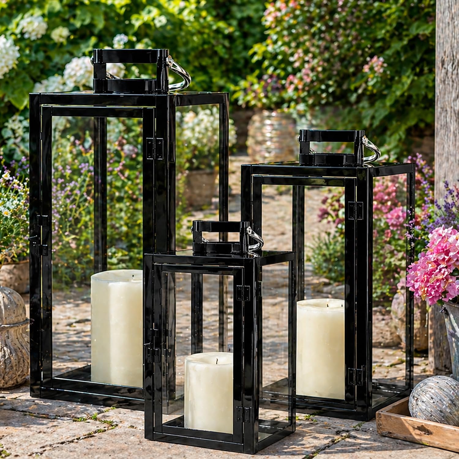 Mojawo 3er Set Windlicht Gartenlaternen Laternenset Laterne Metall Glas Aussen Schwarz H30/40/53cm