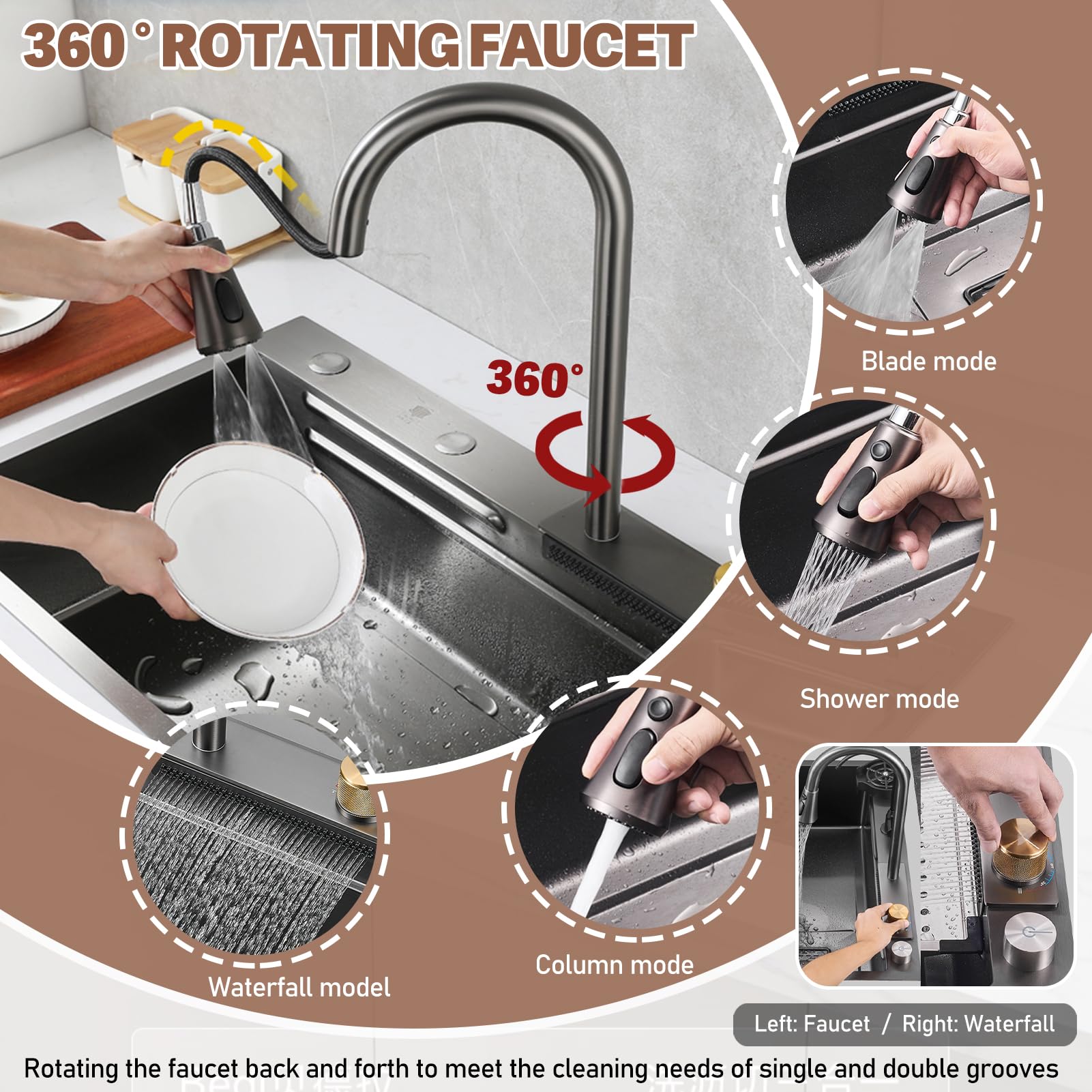 Fregadero de cocina multifuncional de acero inoxidable con efecto cascada, 85 × 50 cm, gran fregadero de estación de trabajo, fregadero individual con montaje en la parte superior, con botón