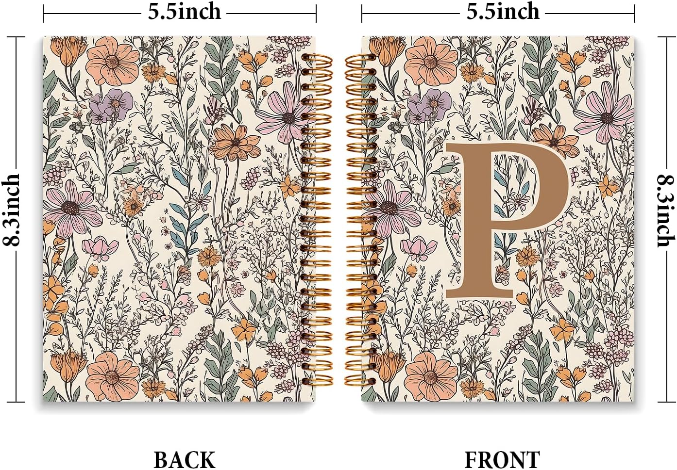 JXREQ Vintage Boho Floral Personalized Notebook, Initial Letter P Notebook Journal, Monogram Notebook, Monogrammed Gifts for Women, Boho Office Supplies, Flower Spiral Notebook 5.5x8.3 - Image 2
