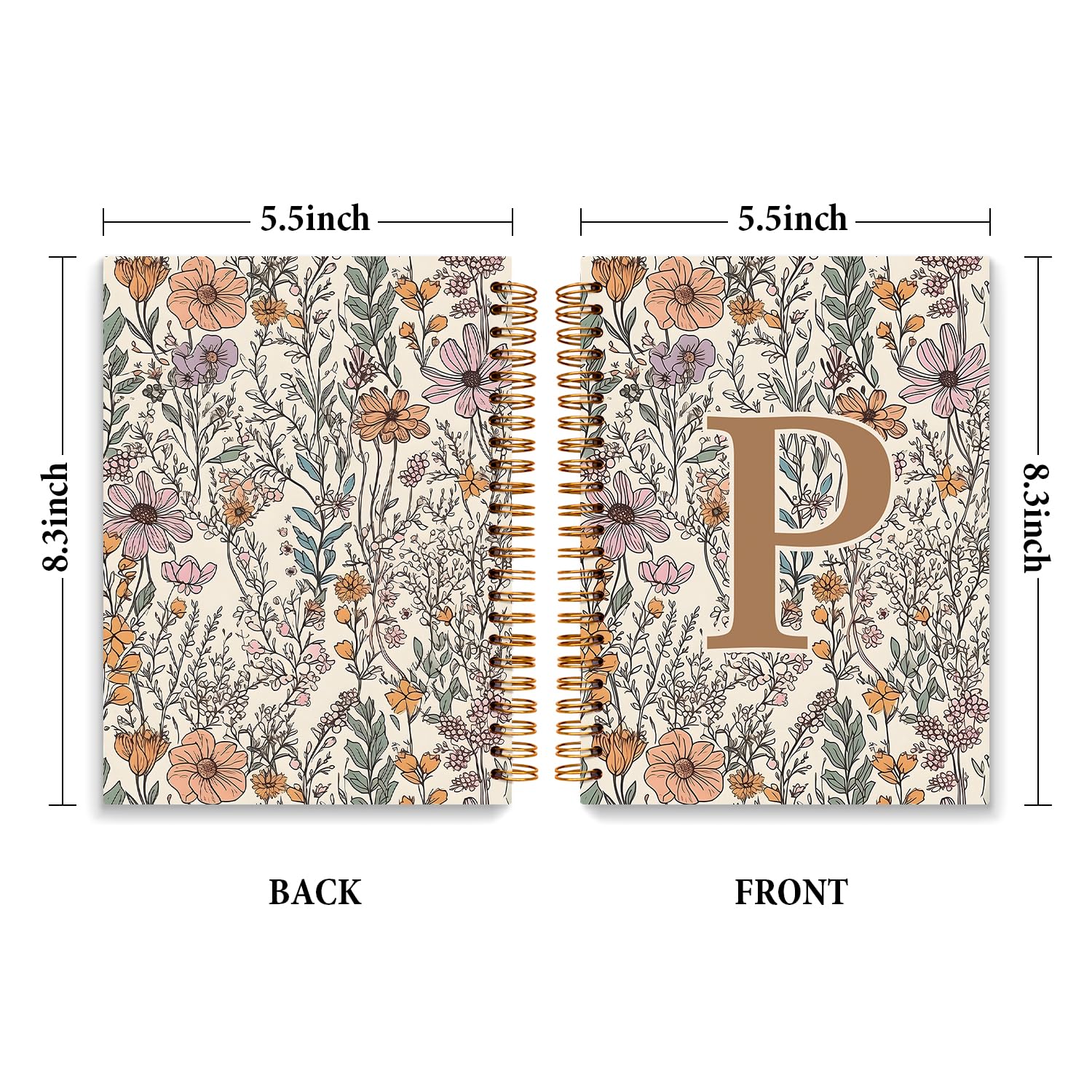 JXREQ Spersonalizowany notatnik w stylu vintage, boho, inicjał litery P, notatnik, monogram, prezenty dla kobiet, artykuły biurowe, kwiat, spiralny zeszyt