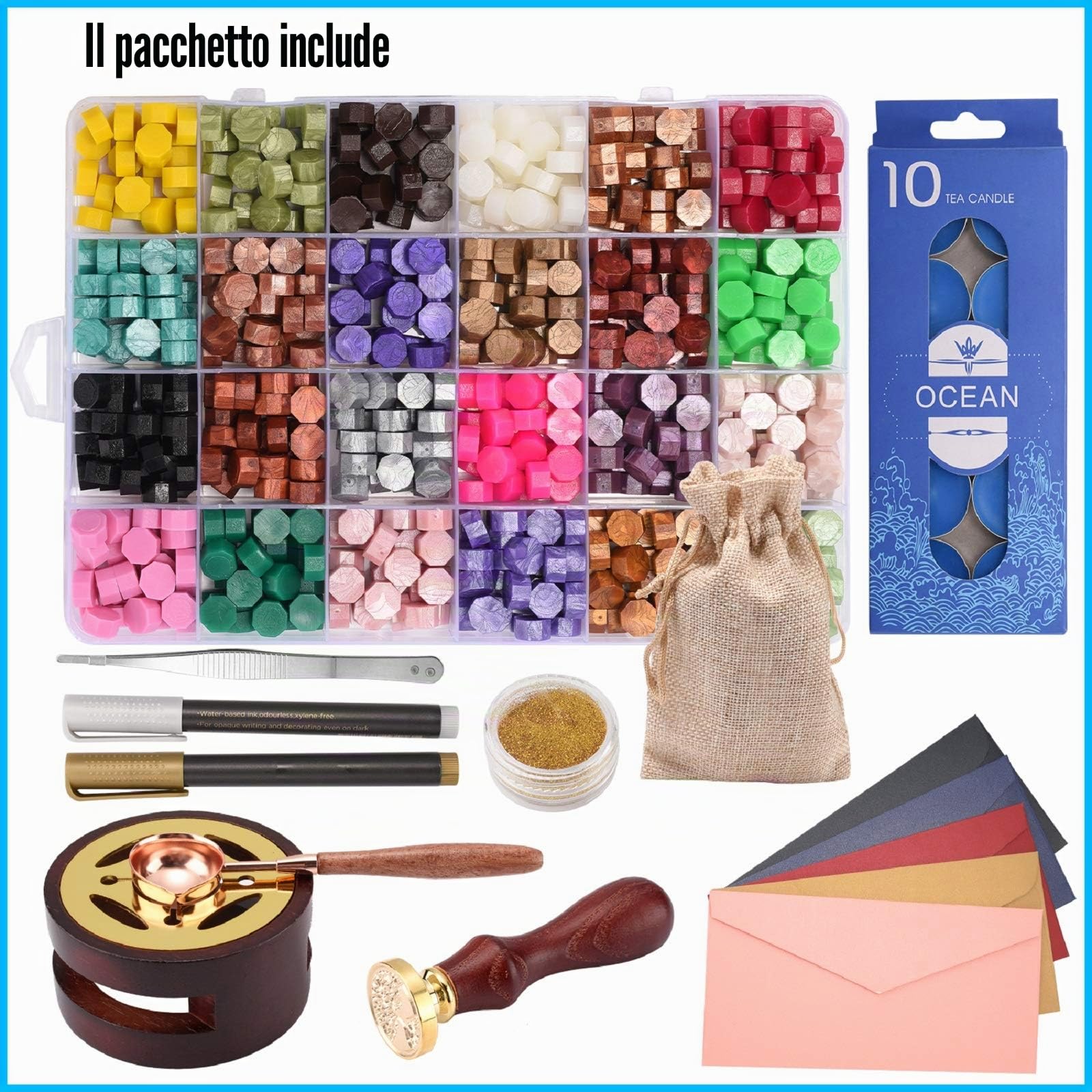 CHUHUAYUAN Kit di timbri per ceralacca con confezione regalo, 24 colori e 624 perline per ceralacca con timbro per ceralacca, scaldacalacca, penna metallica e busta, kit di sigillo di cera