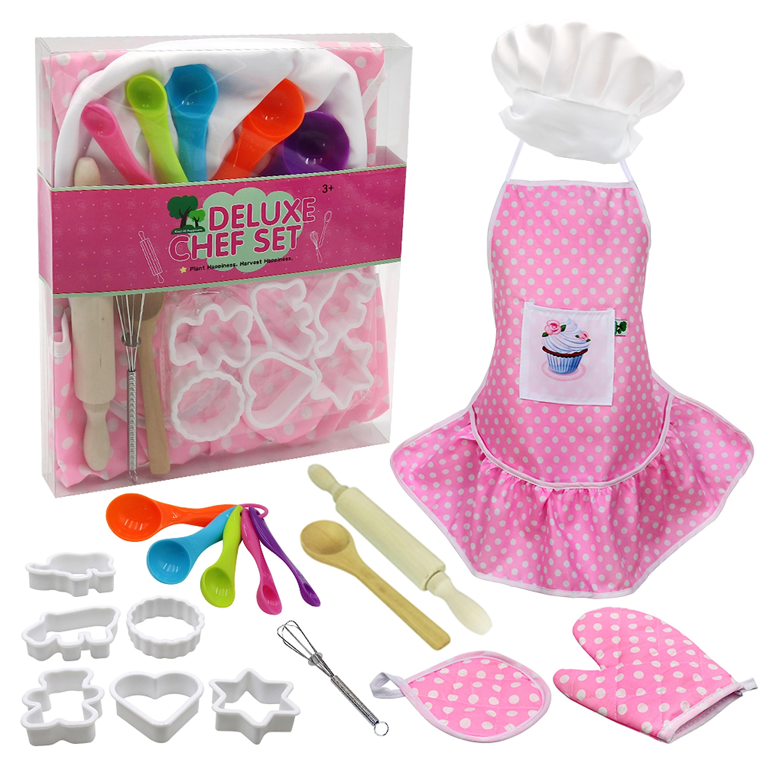 BambiboKids Chef Role Play Costume Set - Pink Apron, Cooking Baking Set | Kitchen Playset for Girls | Pretend Gift for 3-8 Year Old Girls Toys