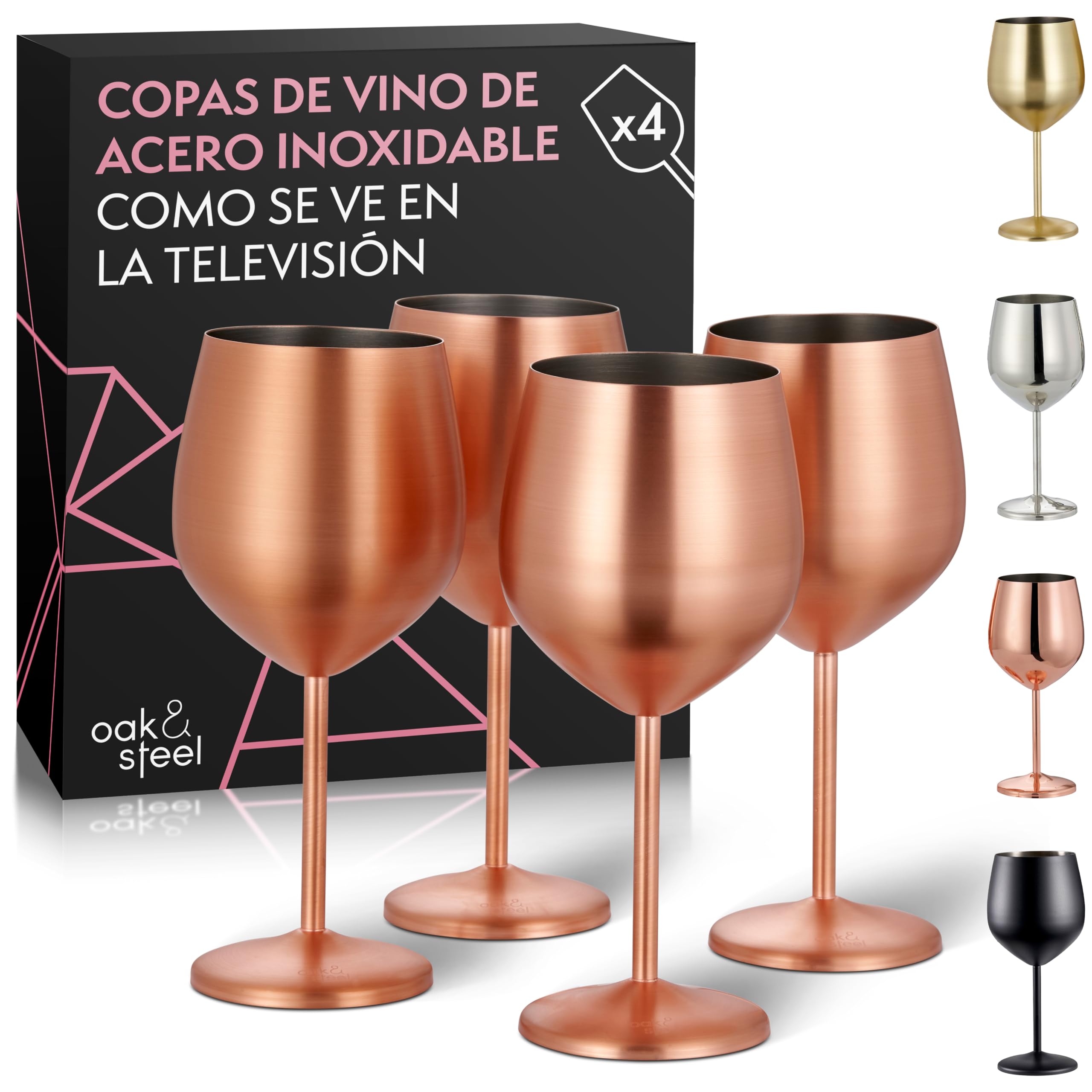 Oak & Steel - 4 Elegantes Copas de Vino Grandes en Cobre Rosa Dorado, 540ml - Set de Regalo de Cristal Irrompible para …