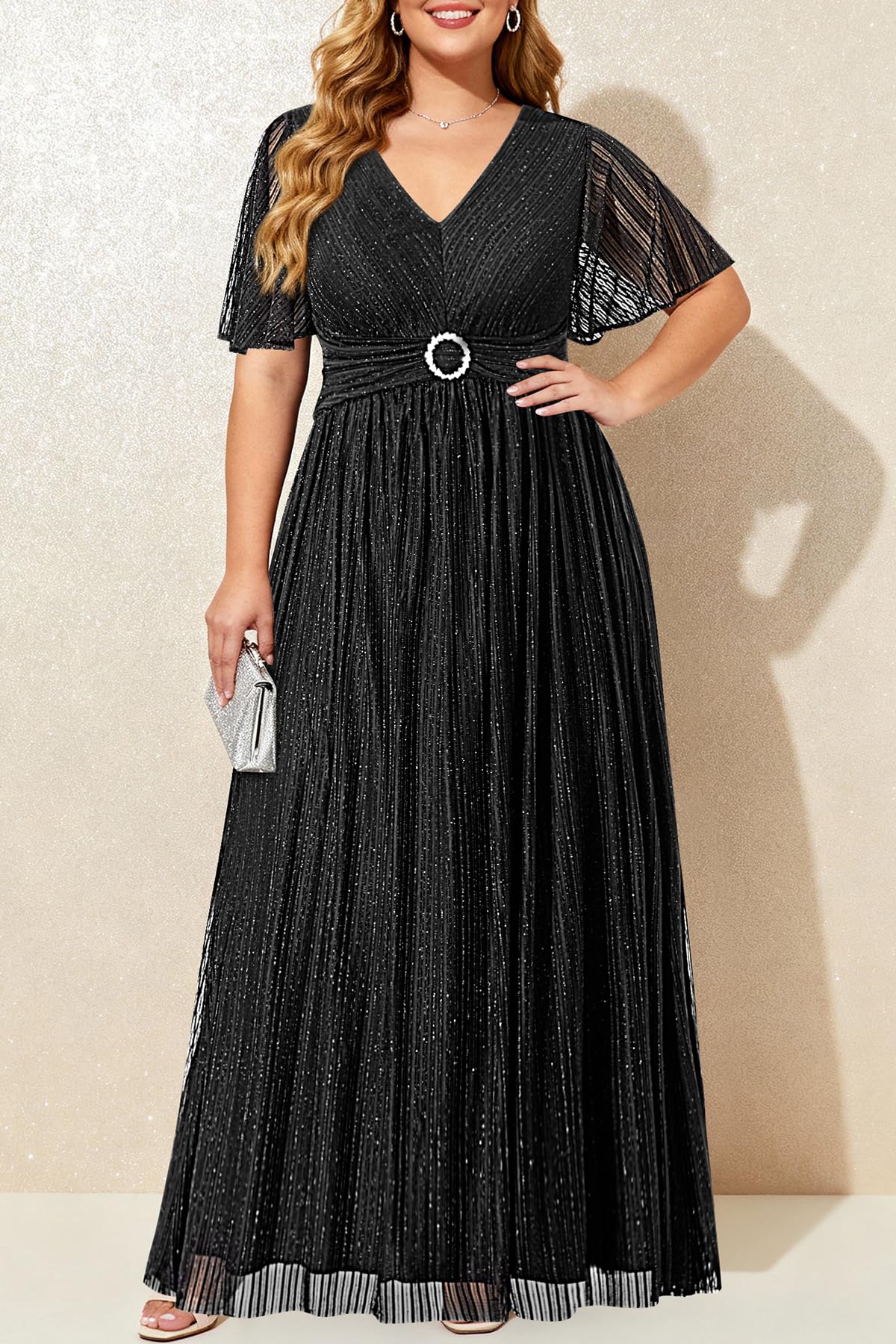 Talisea Plus Size Formal Dresses - Wedding Guest Evening Gown Sparkly Sequin Prom Gala Ball Maxi Dress with Short Sleeves