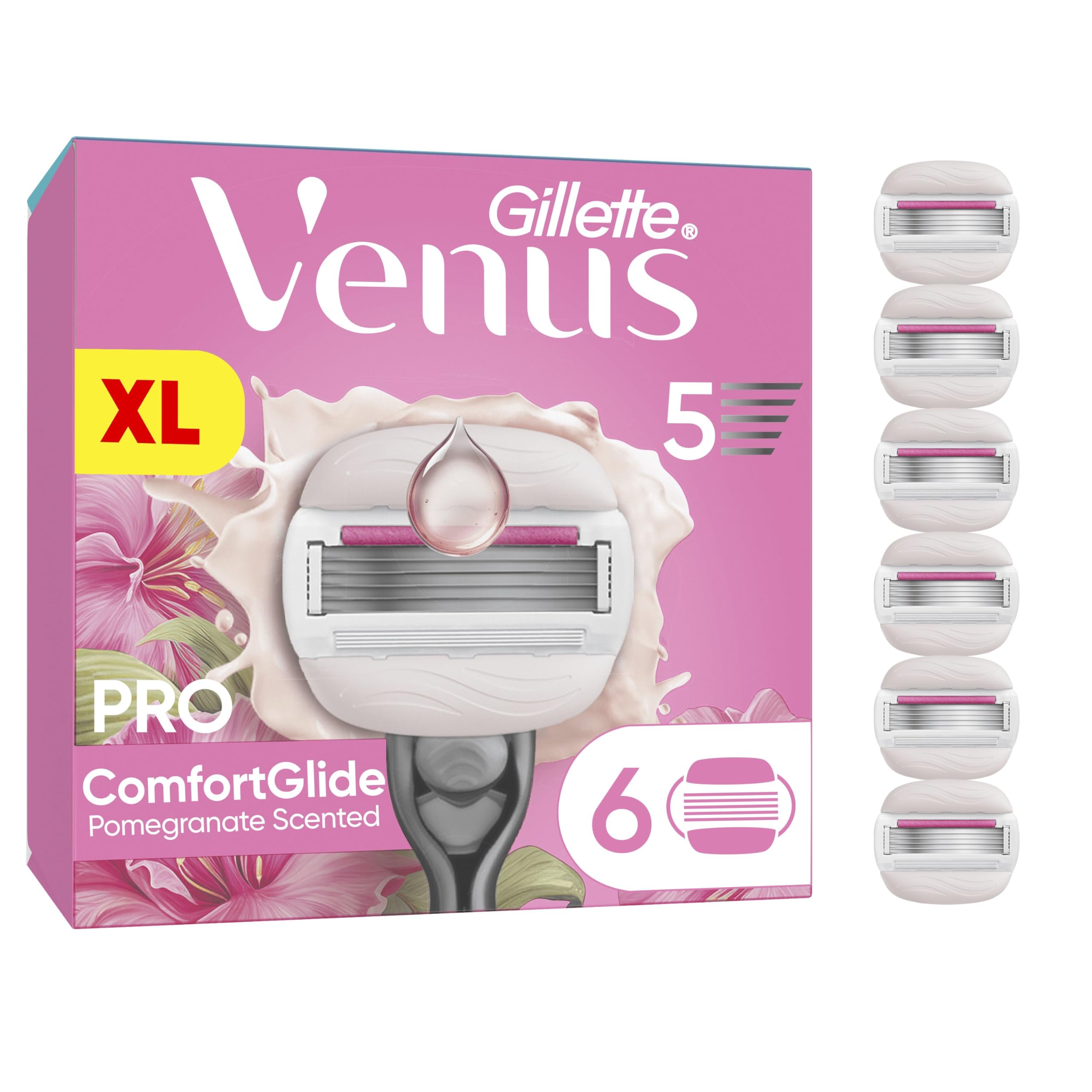 Gillette Venus Lames de Rasoir Femme, 6 Rechanges Pro ComfortGlide – Cartouche aux Barres Hydratantes 2-en-1 pour Mousser et Raser, Rechanges pour la Peau Sèche et Sensible, Parfum Grenade Tropicale