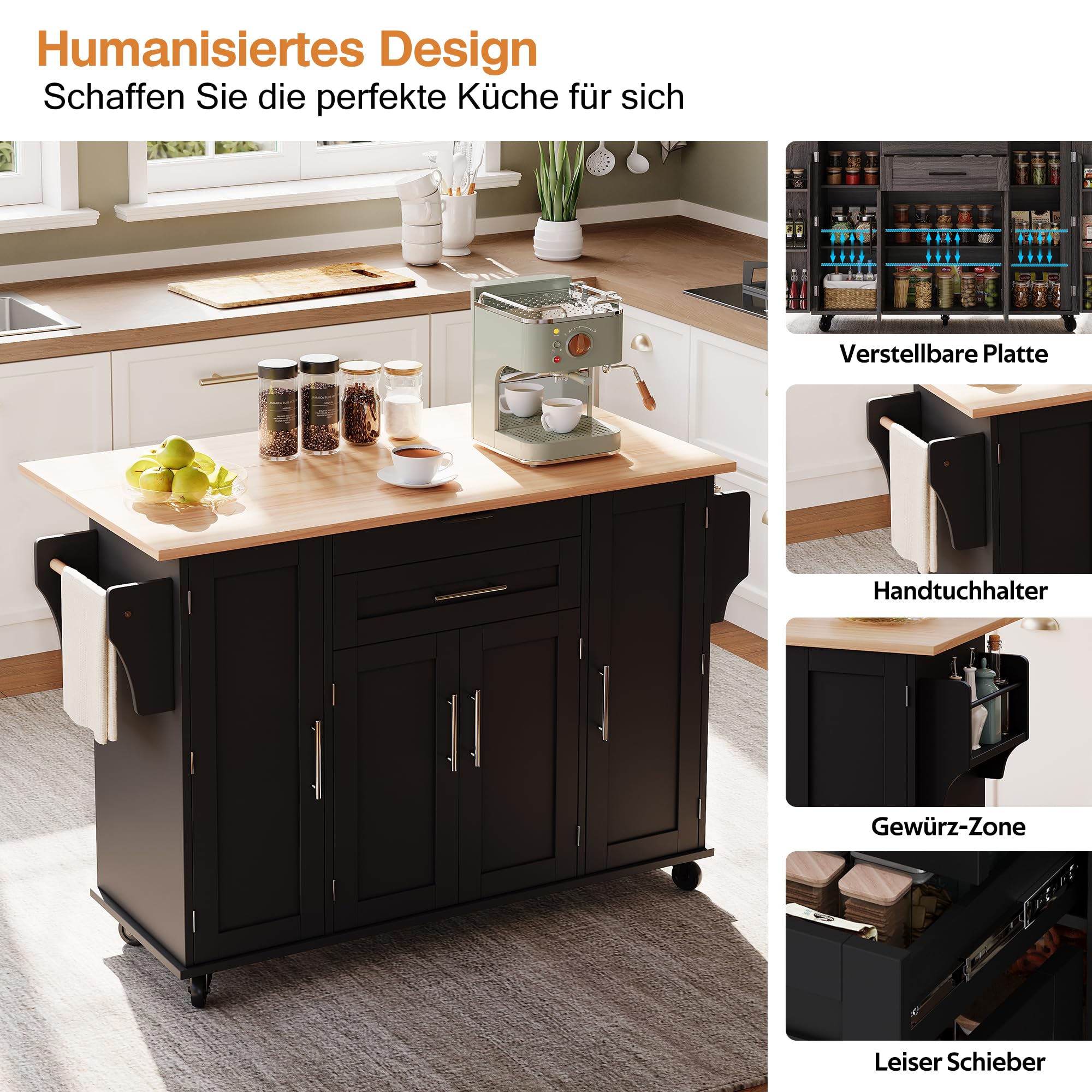 Carrello da cucina autoportante su ruote, piano di lavoro pieghevole, 2 cassetti, grande capienza: 136 x 70 x 92 cm, nero, perfetto per cucina, sala da pranzo, terrazza, soluzione salvaspazio