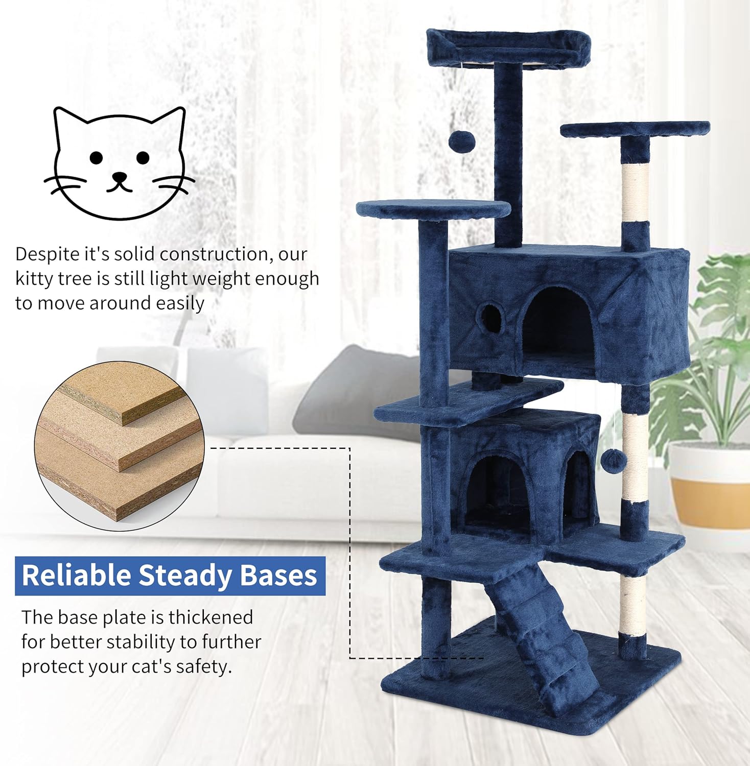 BLKMTY Cat Tree 70" Tall Cats Tower Large Cat Condo Climber Cats Climbing Stand with Top Perches Playhouse and Climbing Ladder Kitty Activity Tree w/Scratching Post Toys, Navy Blue