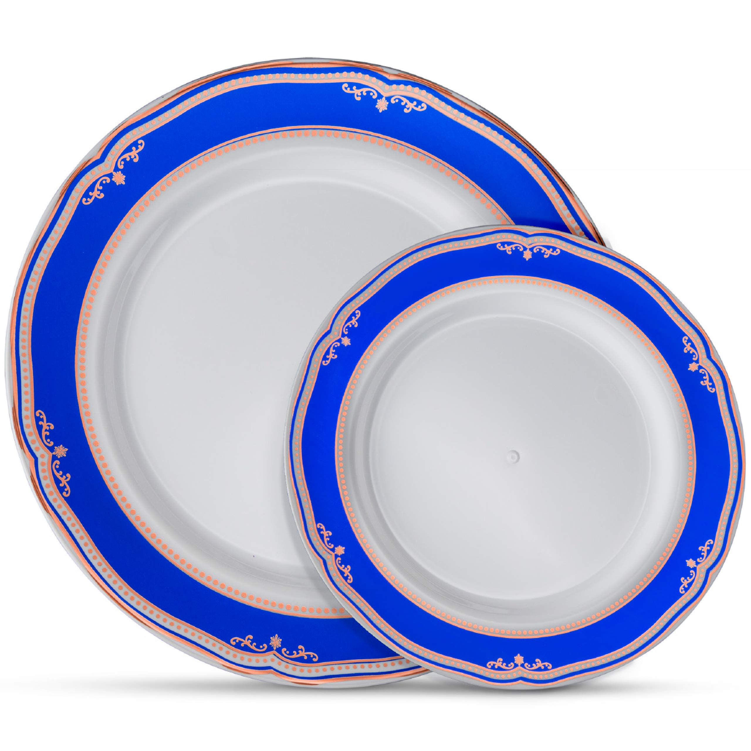 Laura Stein Designer Dinnerware Set | 32 Disposable Plastic Party Plates | White Wedding Plate, Blue Rim & Rose Gold Accents | Includes 16x10.75