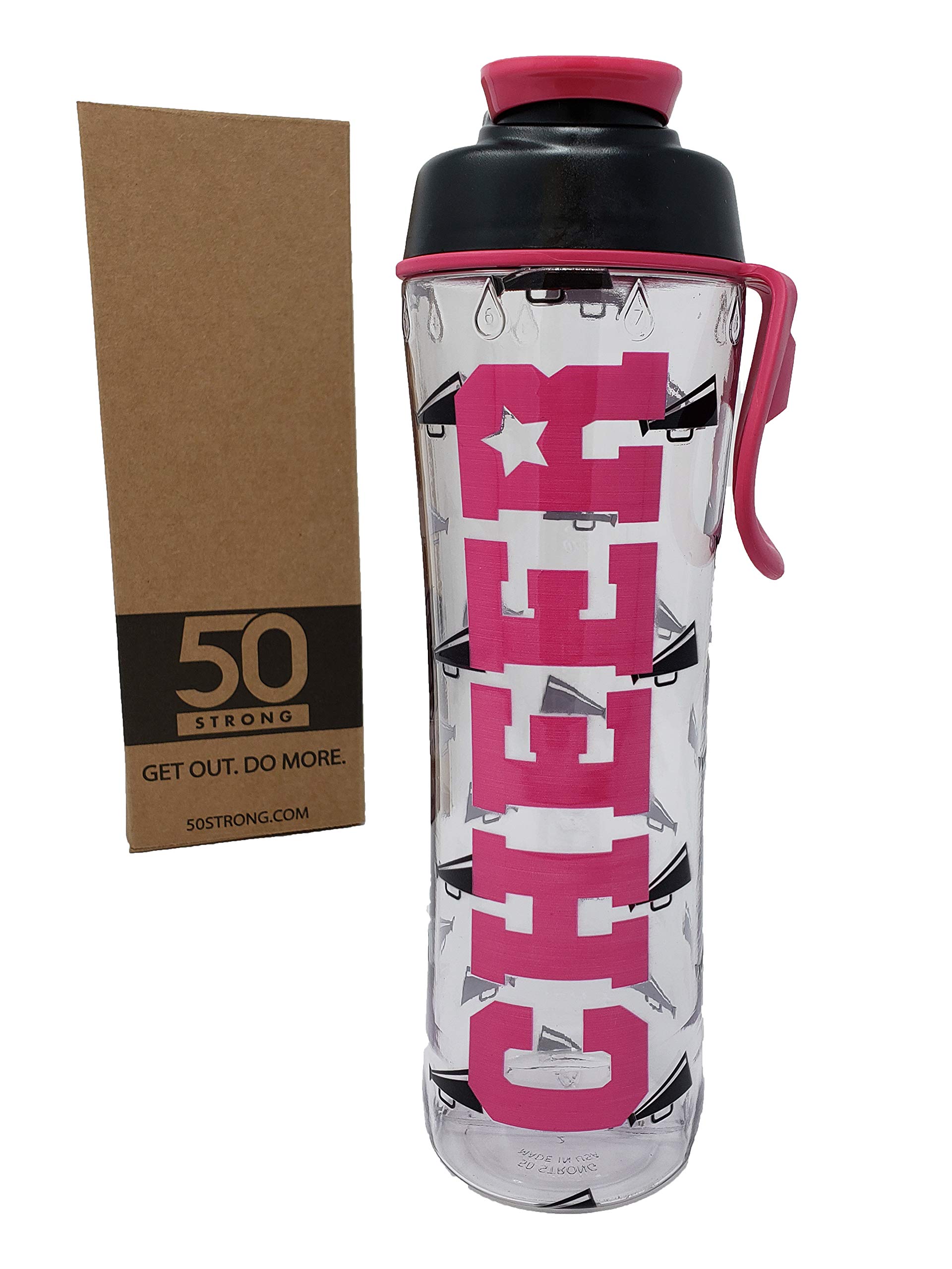 50 Strong Reusable Cheer Water Bottle – 24oz BPA-Free Cheerleading Bottle with Chug Cap & Carry Loop – Cheerleader Gift for Girls, Squad, Team – Made in USA