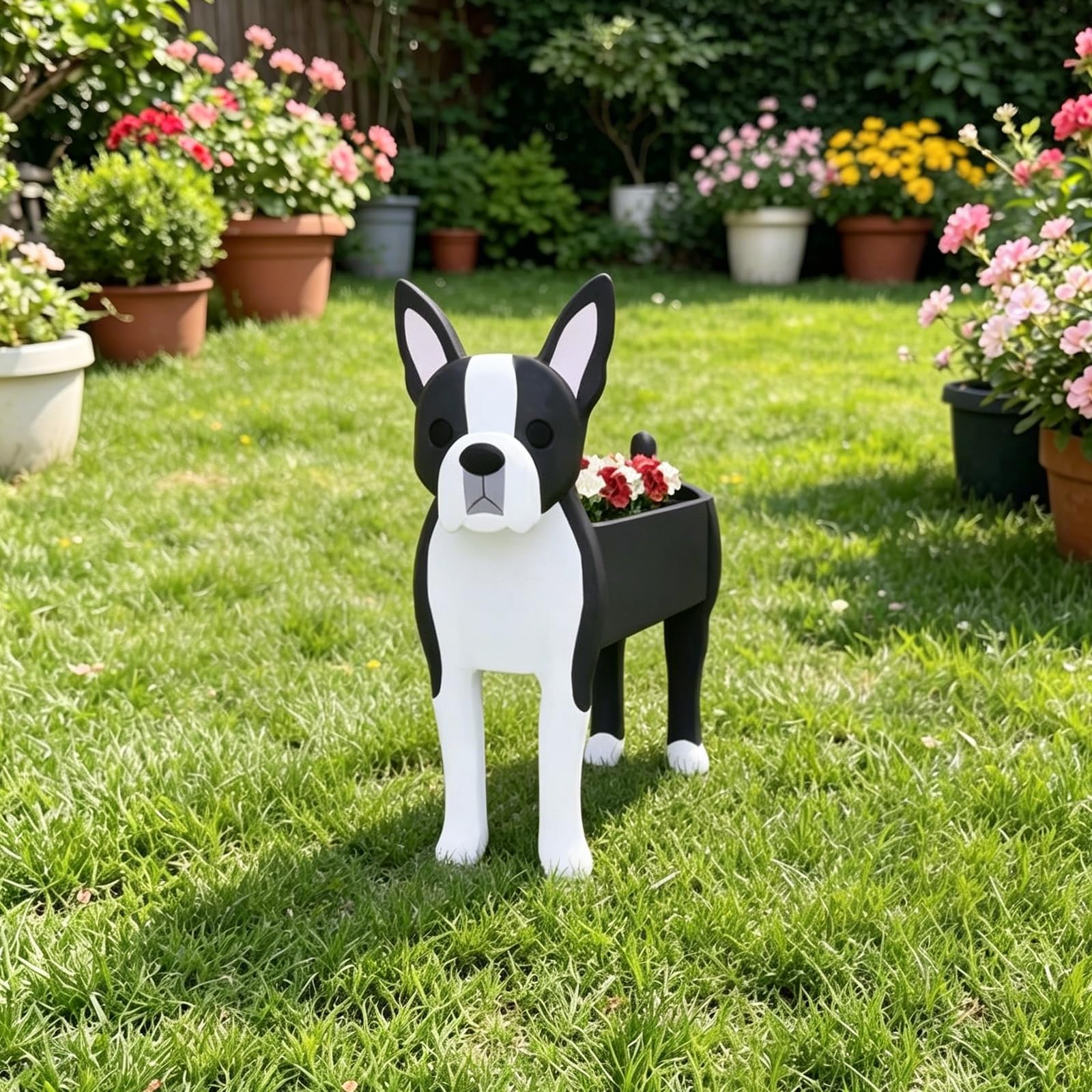 Hiiaodecor Boston Terrier Pet Dog Animal Bonsai Holder Cute Shape Art Plant Storage Pot Villa Garden Indoor Outdoor Office Decor Ornaments 43 * 25cm/16.93 * 9.84in