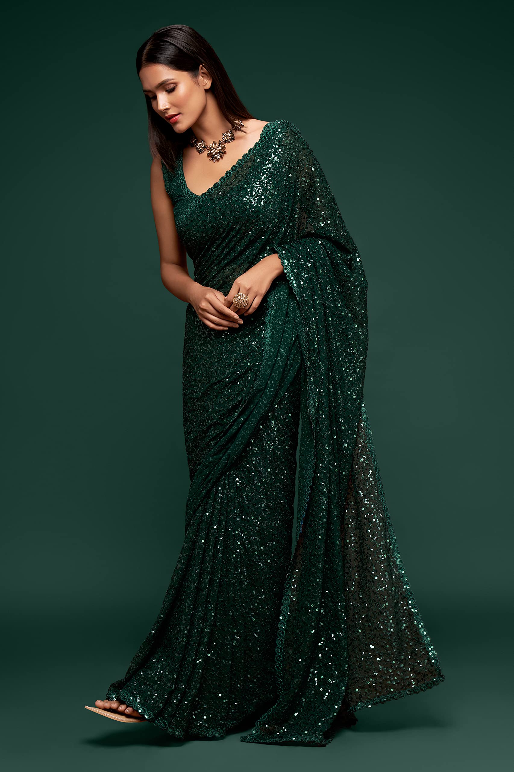 Zeel Clothing Women's Dark Green Sequins Work Heavy Georgette Saree with Blouse (1008-Deep-Green-Sequins-Party-Saree, Deep Green) 1