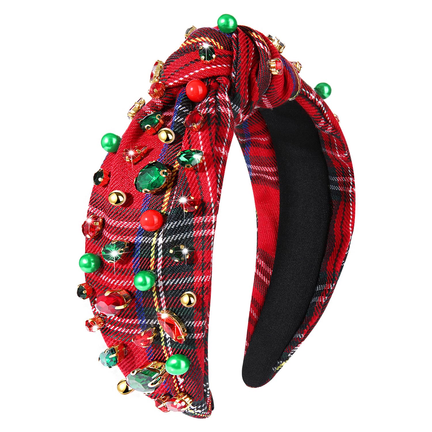 NVENF Christmas Headband for Women Jeweled Xmas Plaid Headband Embellished Crystal Pearl Knotted Headbands Wide Top Knot Holiday Headbands Christmas Hair Accessories Holiday Outfits Gifts (Red 2)