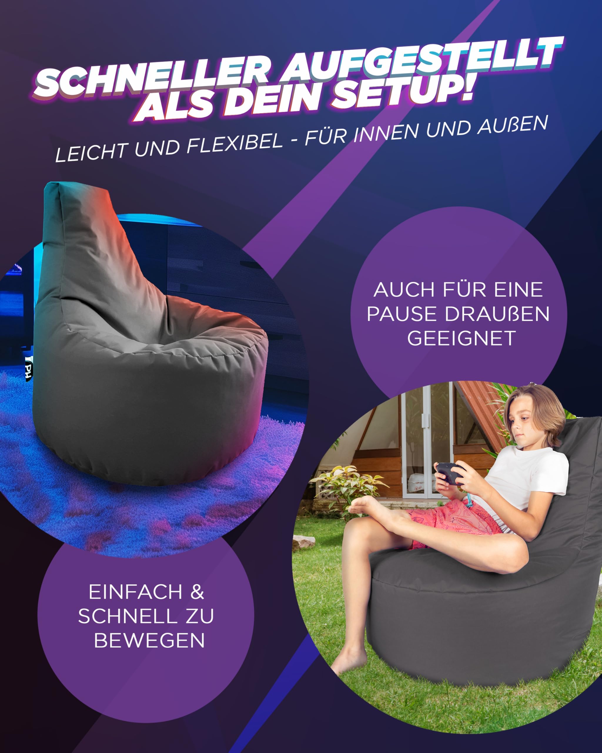PATCH HOME Gamer Kissen & Lounge Sitzsack – befüllbar mit Reißverschluss, gefüllt mit Styropor, geeignet für In- & Outdoor. Perfekt als Gaming Sessel Sitzkissen (Anthrazit - Ø 80cm x Höhe 90cm)