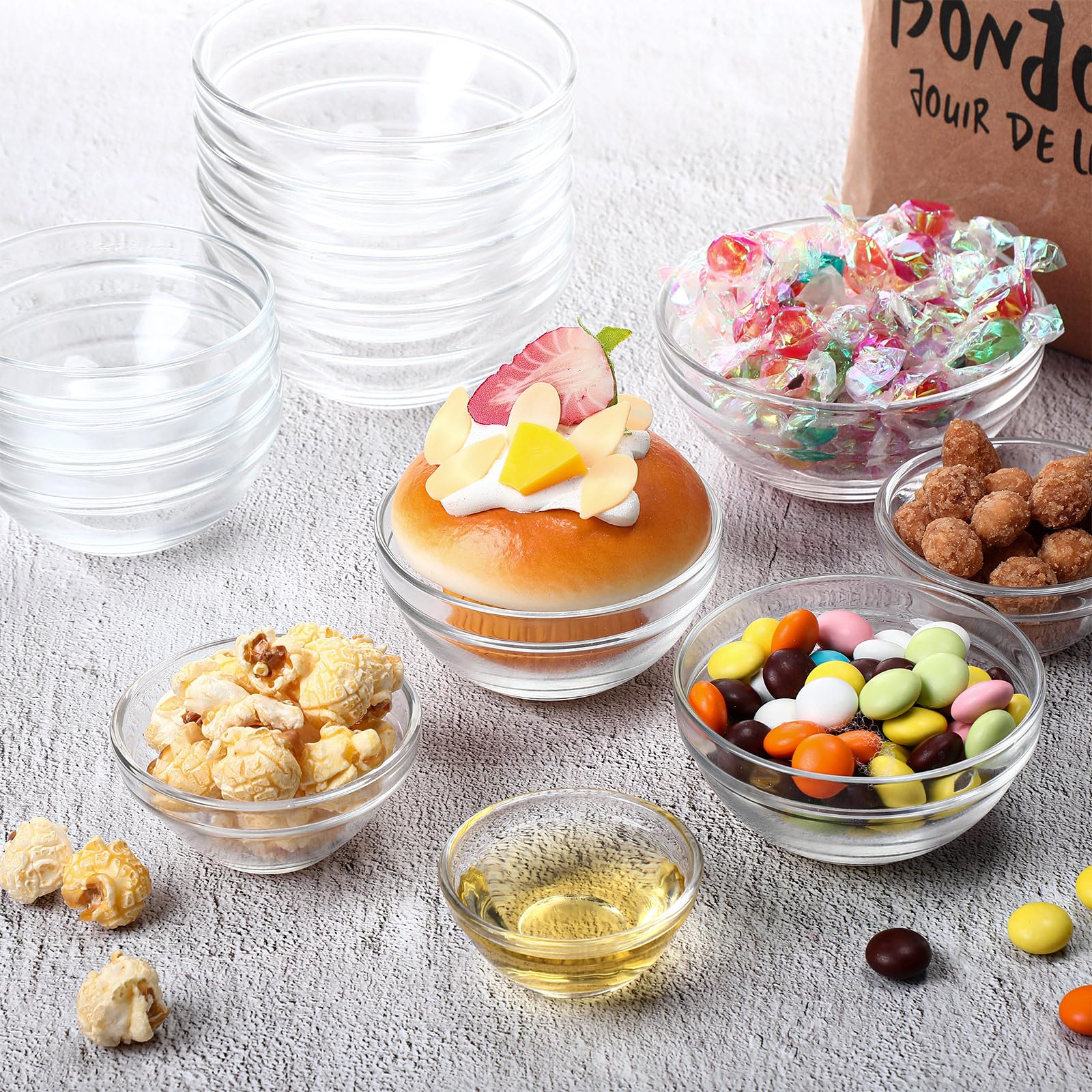 LemonRoad 20-teiliges Glas-Schüssel-Set, 4 Größen, 3,8 cm, 6,3 cm, 11,4 cm, 240 ml, transparent, klein, stapelbar, für Belag, Küche, Salz, Gewürze, Dipping, Backen und Mahlzeiten