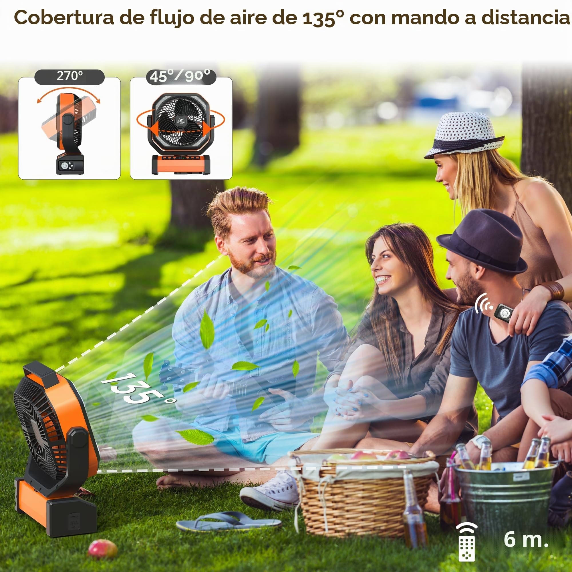 KITWLEMEN Ventilador de camping con luz, 20000 mAh, 112 horas de autonomía máx. 9 velocidades, temporizador, oscilación automática, rotación de 270° y gancho de camping, corte de corriente, huracán