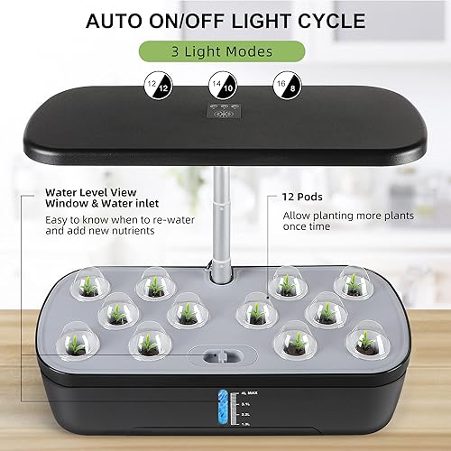 Miniatura 3 de Sistema de cultivo hidropónico de 12 vainas, kit de jardín de hierbas para interiores, altura ajustable con temporizador automático, luz LED de