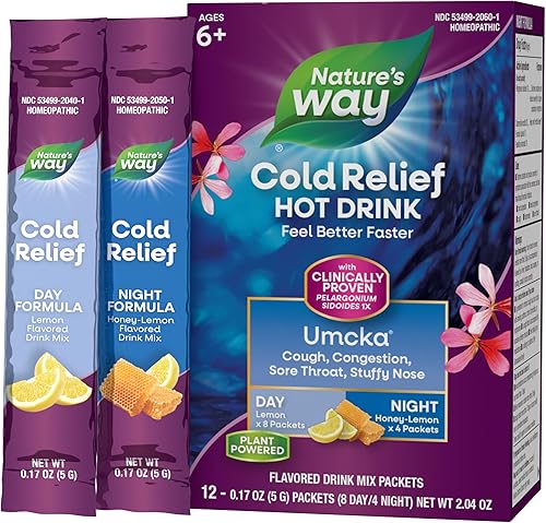 Nature's Way Umcka ColdCare Day + Night, mezclas calmantes de bebidas calientes, sabores de limón y miel, 12 paquetes