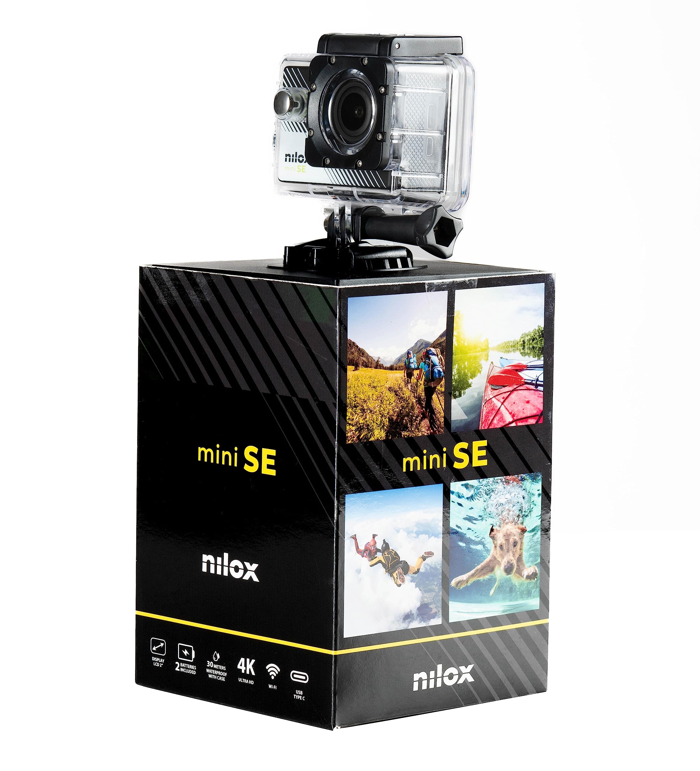 Nilox Action Cam Mini-SE, Action Cam 4k WiFi con Risoluzione 4K/30 fps, Stabilizzatore Elettronico, Schermo 2" LCD, Memoria 64 GB, View Angle 170°, con Custodia Impermeabile Fino a 30 m