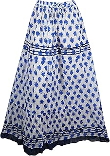 Mogul Interior Womens White Blue Long Skirt Printed A-Line Gypsy Hippie Chic Summer Comfy Skirts S/M