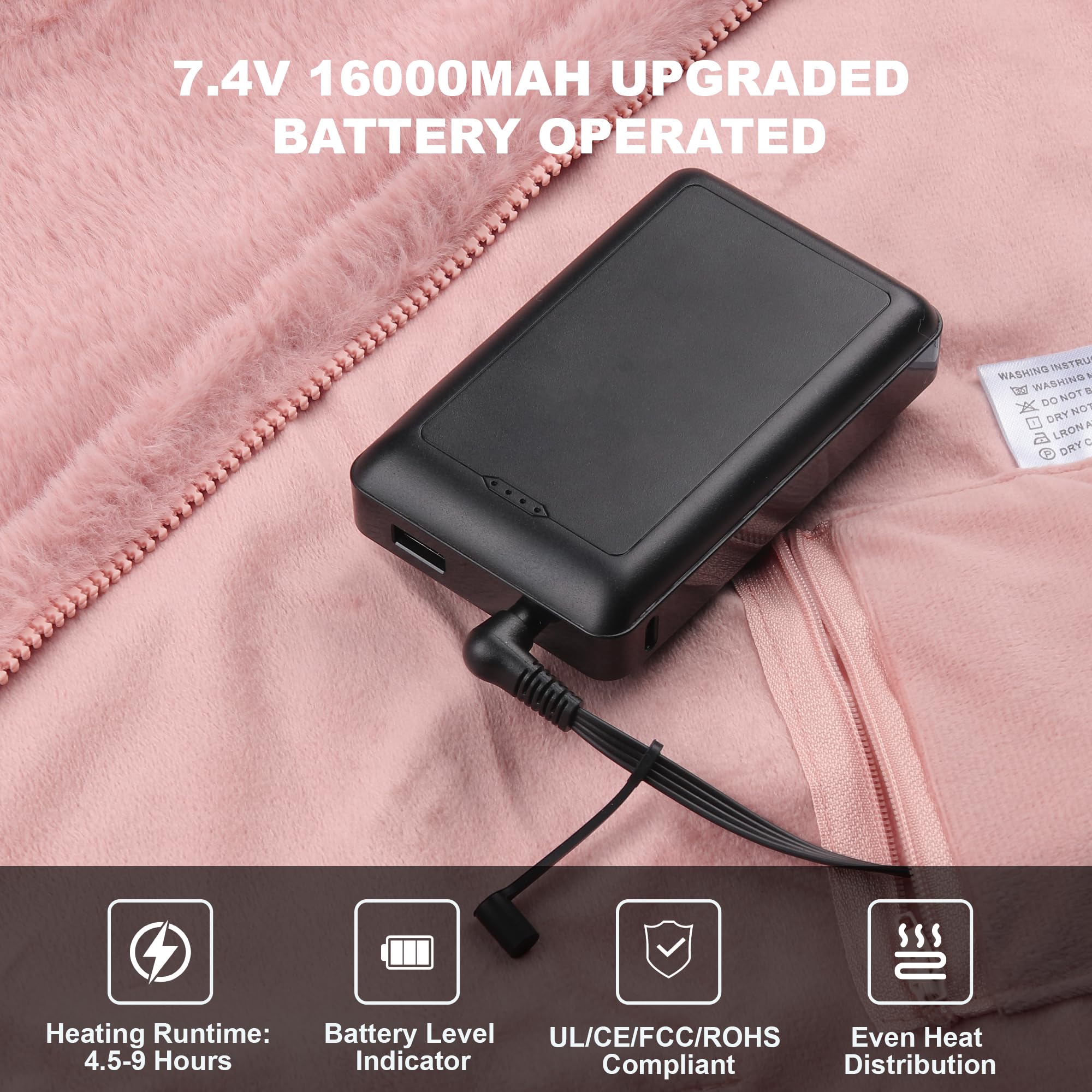 160x90cm Heizdecke Kabellose mit 16000 mAh Akku, Flanell Elektrische Wärmedecke mit 6-Zonen-Heizung, 3 Temperaturstufen, Waschbar Heizdecke zum Anziehen für Sofa, Büro, Auto, Camping(Rosa)