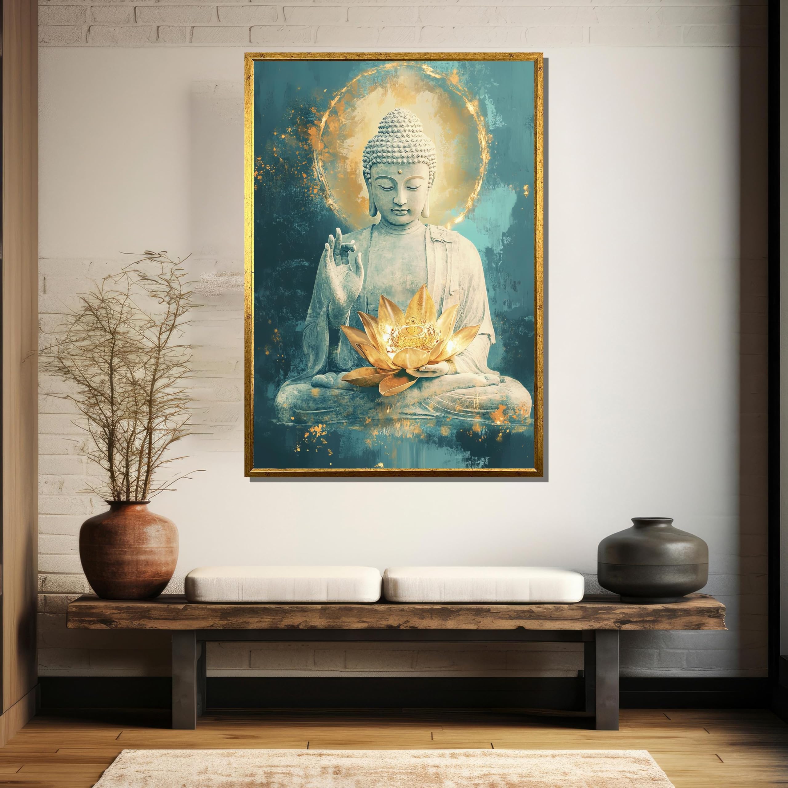 TONGYINLI Buddha Oil Painting Golden Lotus Wall Art, Zen Flower Canvas Print, Meditation Home Decor Posters(70x110cm/Frameless)