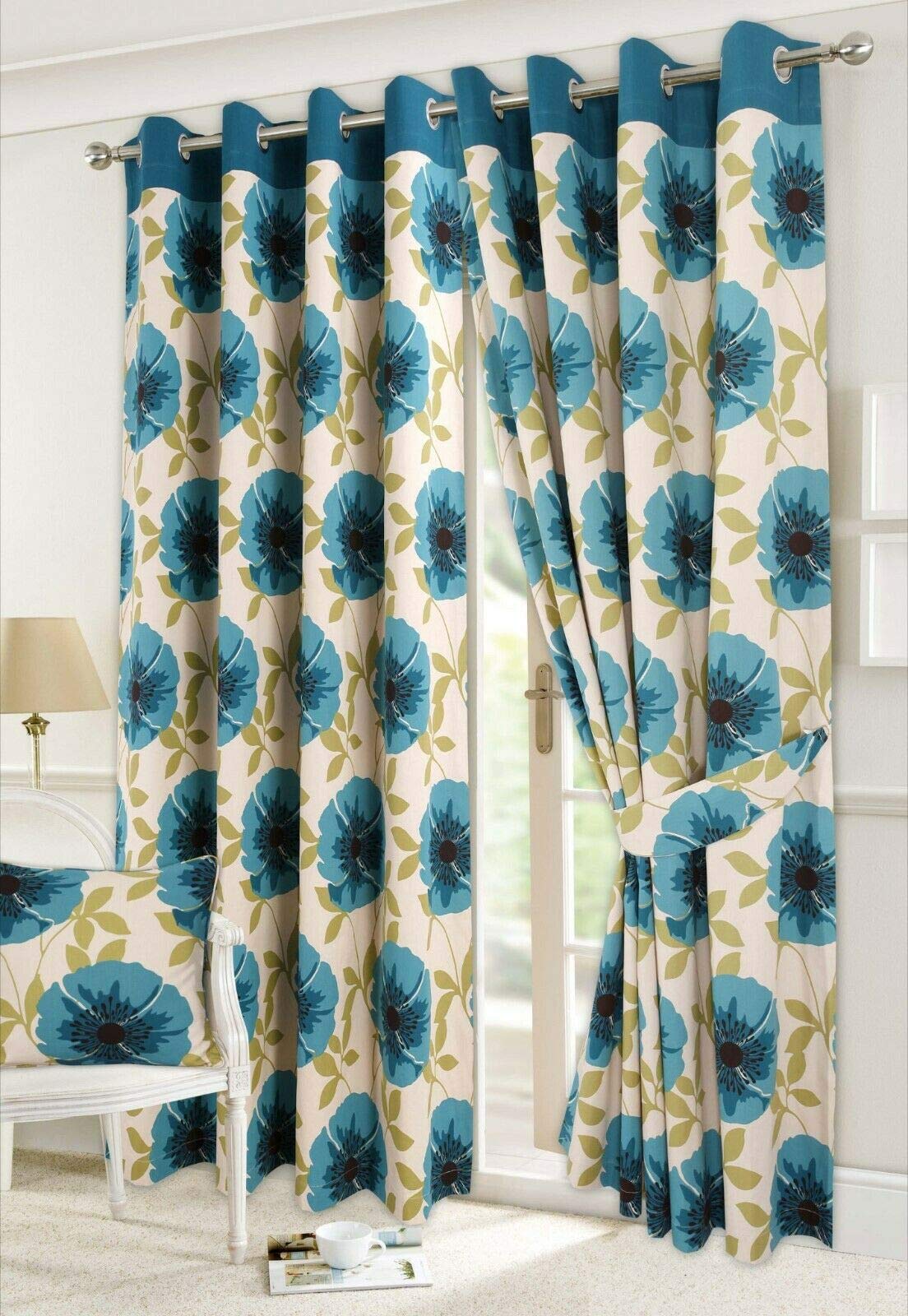 EHD Isla Poppy and Seren Floral Pattern Luxury Curtain Pairs Fully Lined Eyelet Top Curtains With Matching Tie Backs (Isla Poppy Teal, 66" x 54")