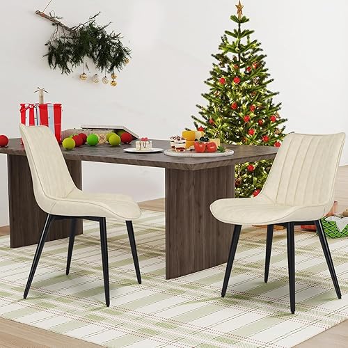 Miniatura 8 de Juego de 2 sillas de comedor de piel sintética moderna de mediados de siglo con patas de metal para cocina, sala de estar, color beige Cuero