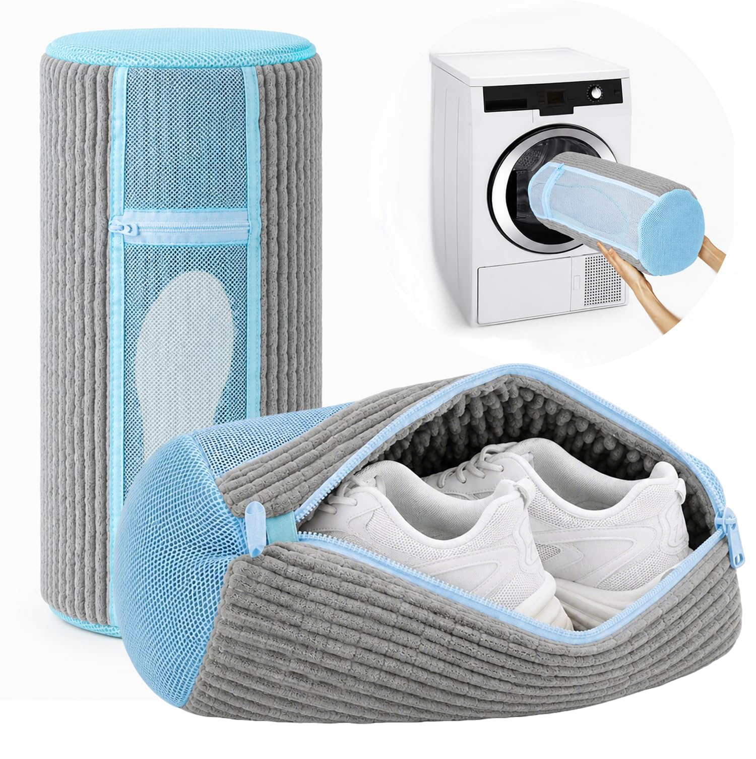 2 sacchetti spessi per scarpe con tasca esterna a rete – riutilizzabili per lavatrice/asciugatrice, protezione 360° peluche per sneaker e scarpe sportive, ideale per dormitori e lavanderie (Grigio)