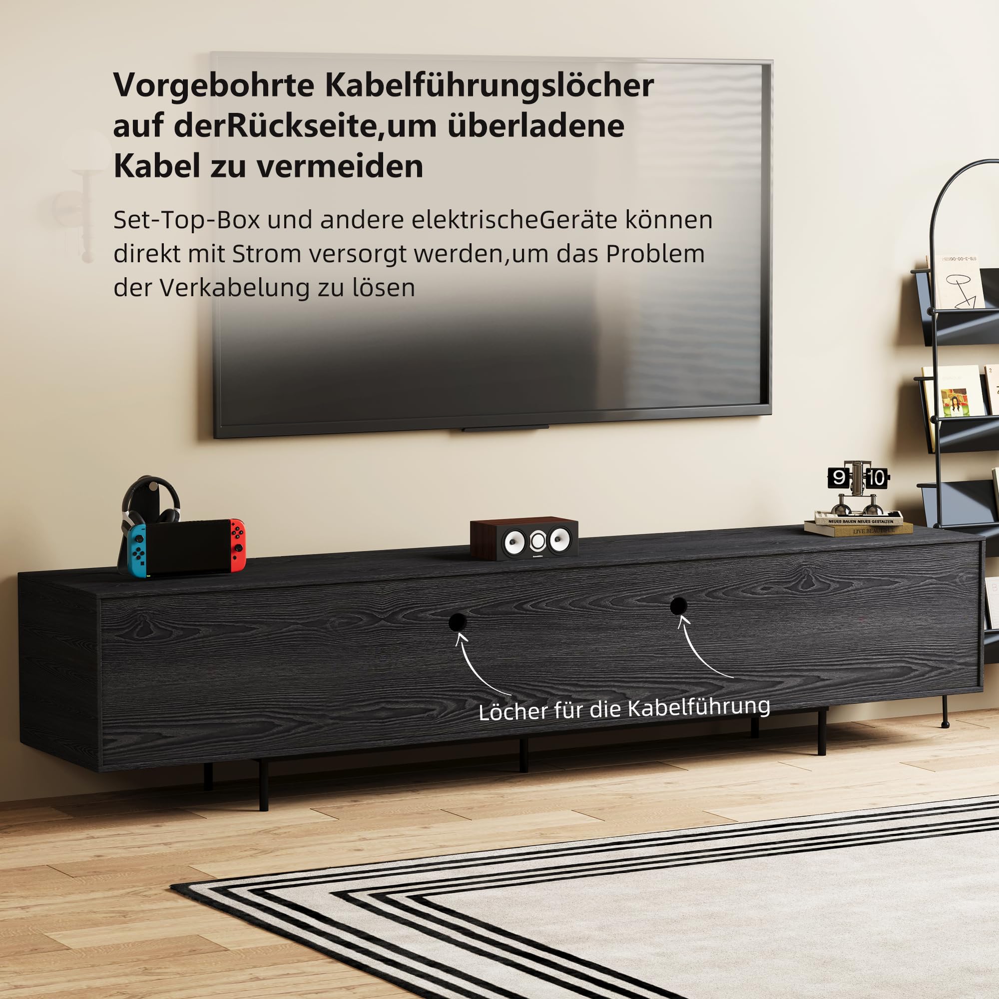 KAANAA TV Schrank 240 cm, Lowboard mit Lamellentüren, Schwarz | 240 cm TV Lowboard, Lamellentüren, großer Stauraum, Holzoptik, für Fernseher bis 75 Zoll, modernes Wohnzimmer Design