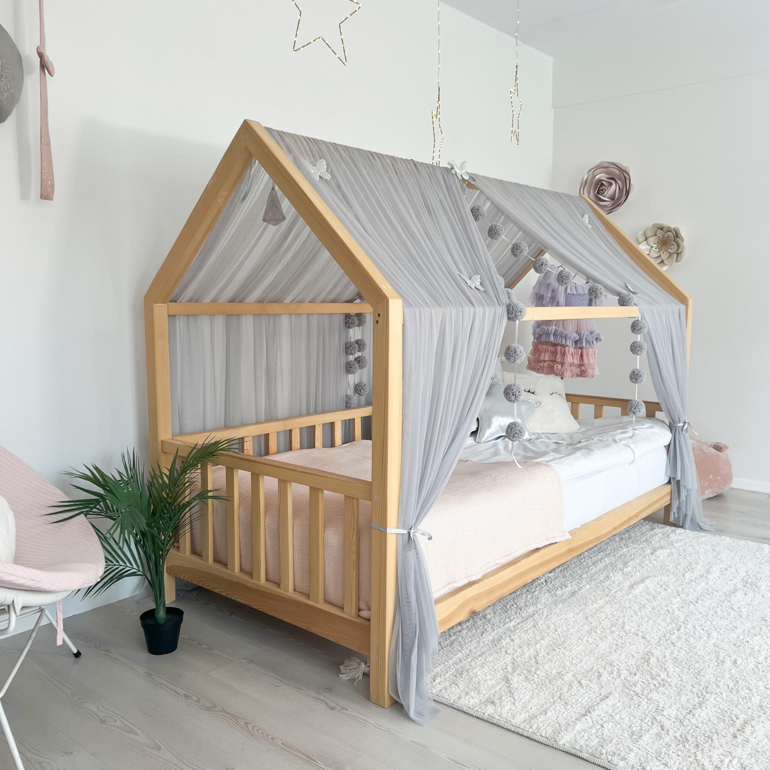 Montessori Betthimmel für Kinderzimmer, weicher Tüll, Hausbetthimmel, Kleinkind-Bodenbett-Dekoration, Kinderzimmer, Leseecke, Spielzelt (grau, 360 cm, kein Zubehör)