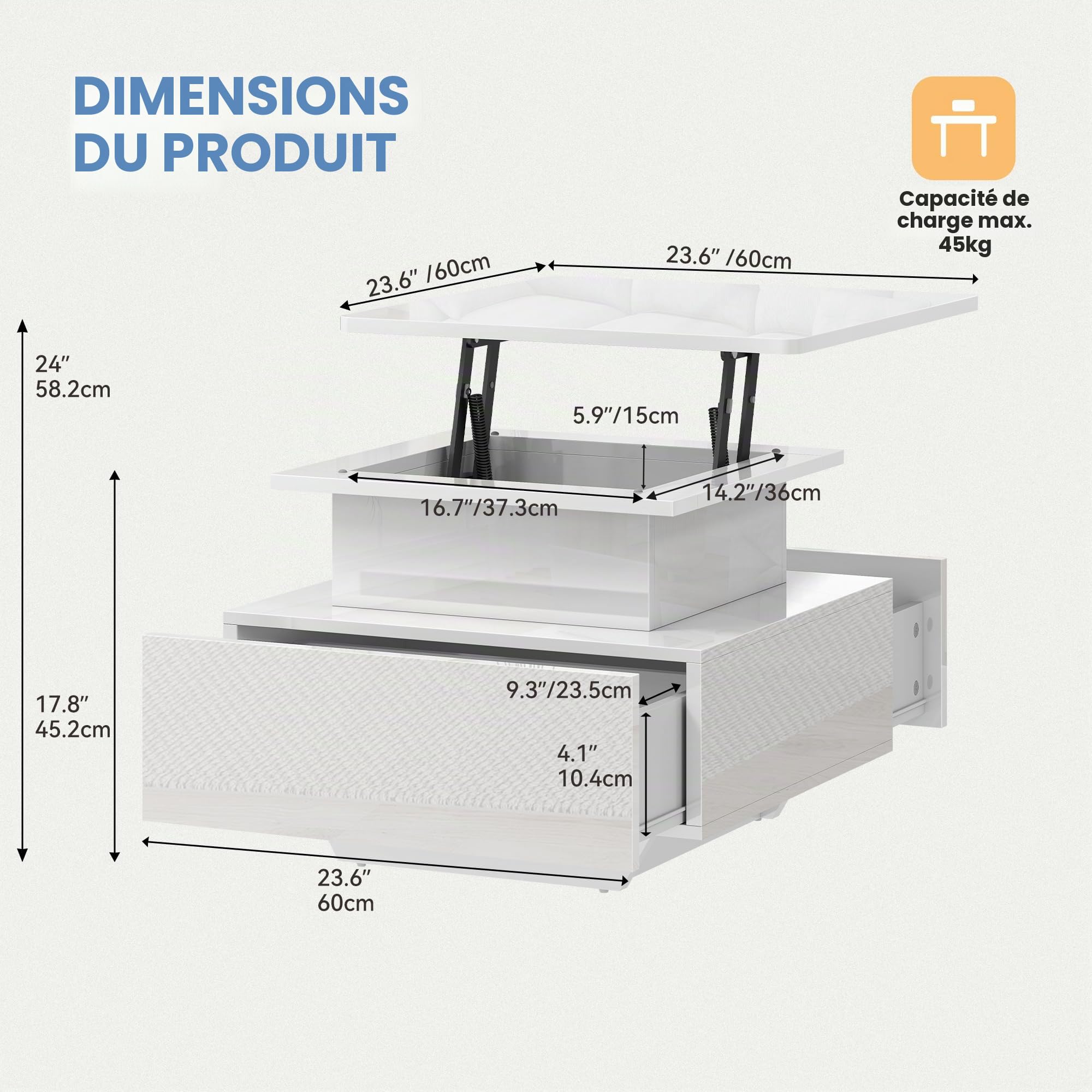 DWVO Table Basse avec LED, Hauteur Réglable, Blanc Laqué Moderne, avec Rangement et Tiroirs pour Salon, 60x60x45-58 cm