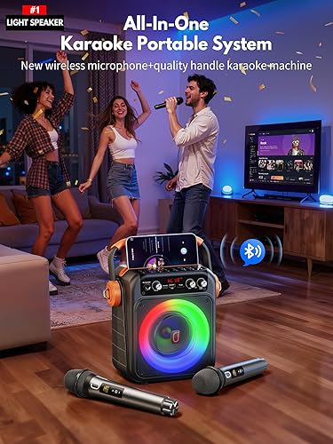 Miniatura 2 de Máquina de karaoke con 2 micrófonos inalámbricos: HWWR Altavoz Bluetooth 5.3 portátil para karaoke con luz, sistema PA para fiesta en casa con