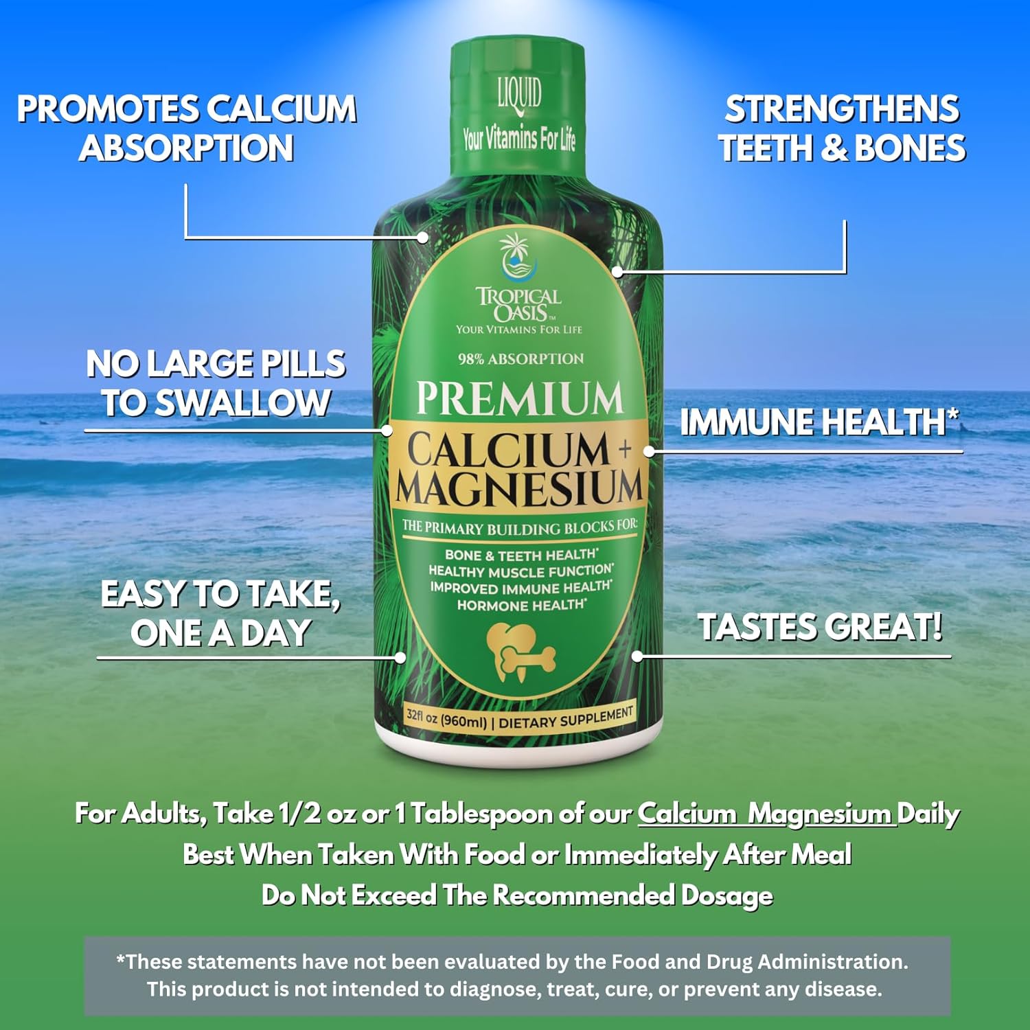 Tropical Oasis Liquid Calcium Magnesium | Promotes Strong Bones & Healthy Teeth | 98% Max Absorption | 32 Fl Oz, 64 Serv