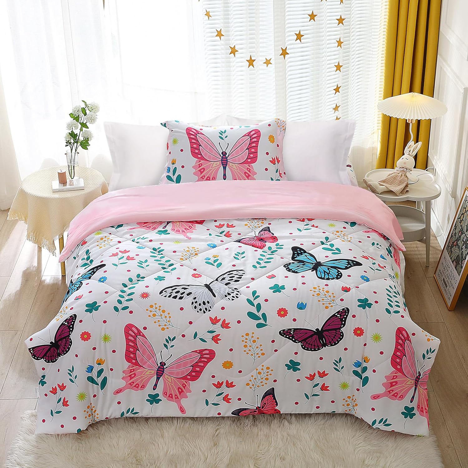 Wajade Butterfly Comforter Set Queen Size for Girls Kids Teens Lightweight Bed in A Bag Colorful Butterflies Flower Leaves Bedding Set All Season with 1 Comforter and 2 Pillowcase