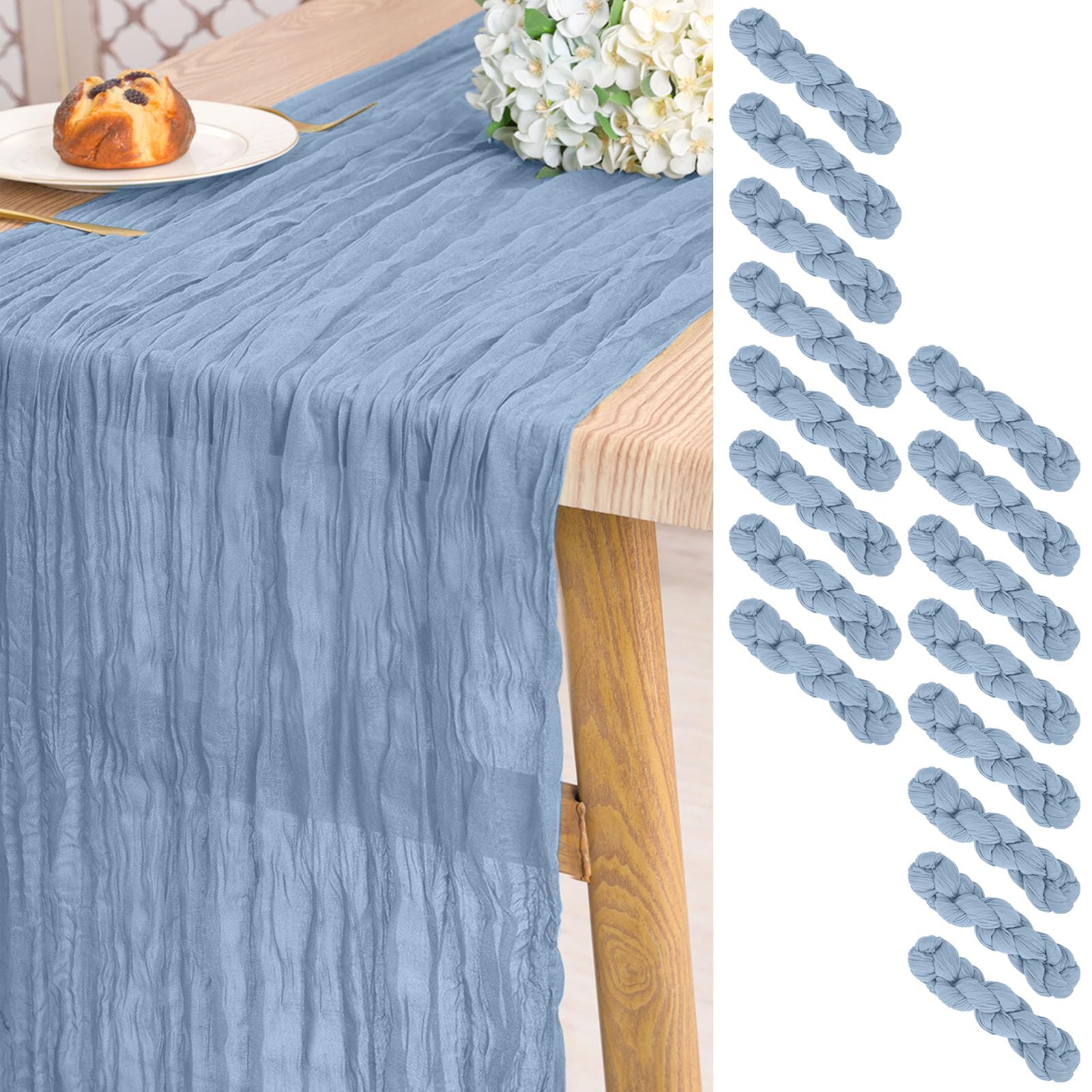 16 Pack Dusty Blue Cheesecloth Table Runner ,10ft Long Rustic Gauze Boho Table Runners for Wedding,Bridal Shower,Party,Banquet Decoration-21.5 x 120 Inch
