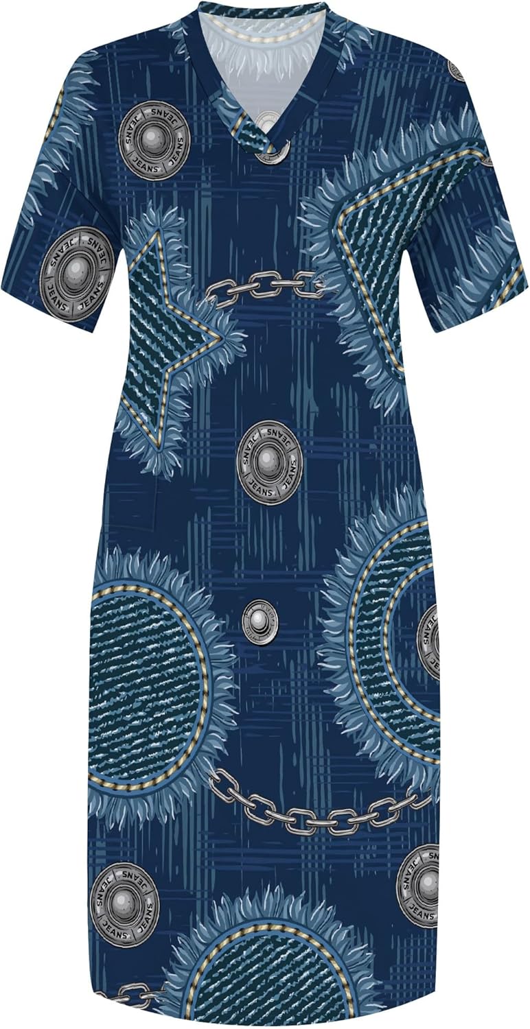 Womens Plus Size Denim-Print Fashion Maxi Dresses Casual Soft Tshirt Dress - Image 3