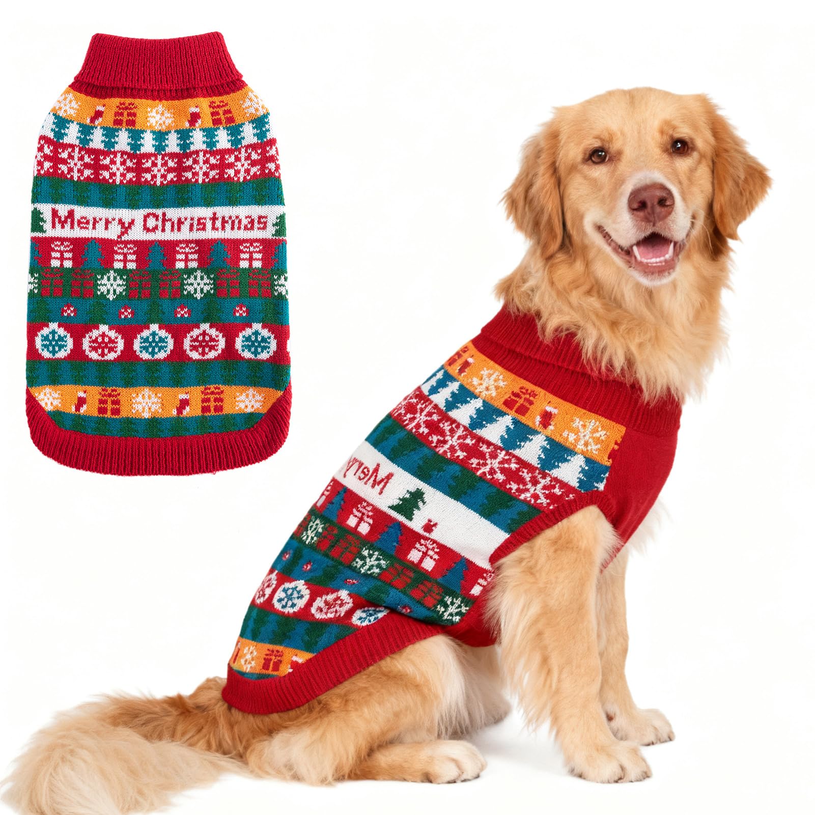 EXPAWLORER Christmas Dog Jumper - Knitted Xmas Costume Dog Clothes Gift, Sleeveless Sweater with Colorful Stripes and Snowflakes, Warm Holiday Outfit Winter Coat for Small Medium Large Dogs, XL โ image 1