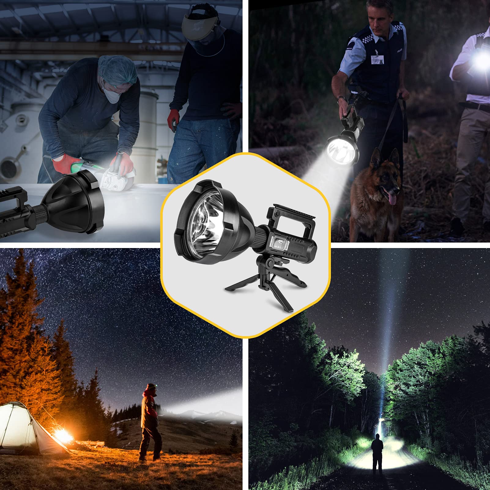 Faretto LED ricaricabile super luminoso, torcia tattica portatile 4 modalità ad alta potenza, portatile e impermeabile per treppiede esterno, adattatore e cavo USB incluso (P50 di medie