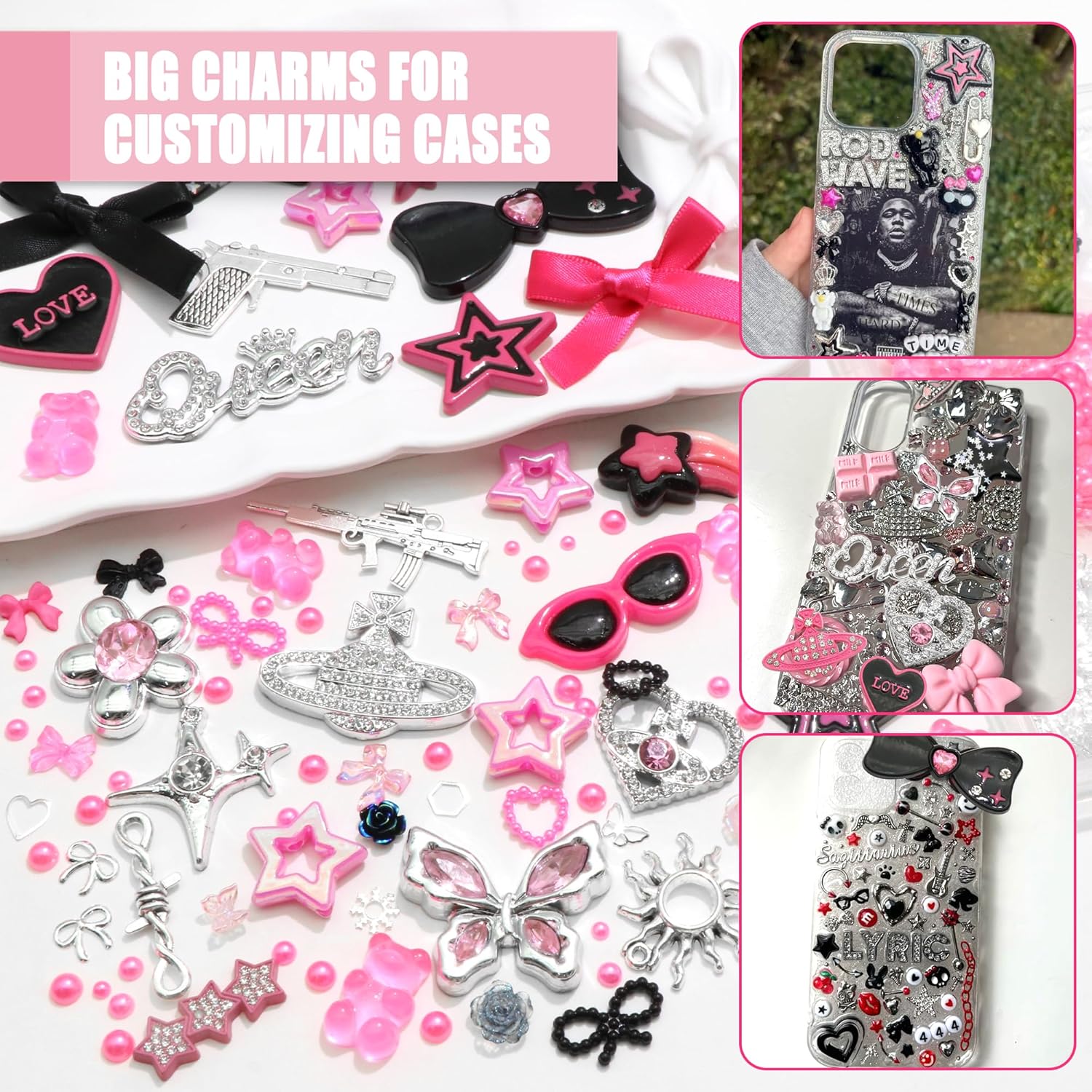 BELICEY Junk Case Charms Kit Black Pink Charm for Phone Cases Multi-Shape Kawaii Bow Heart Star Phone Case Charm Flatback Pearls for Customizing Case Nails Jewelry DIY Craft - Image 6